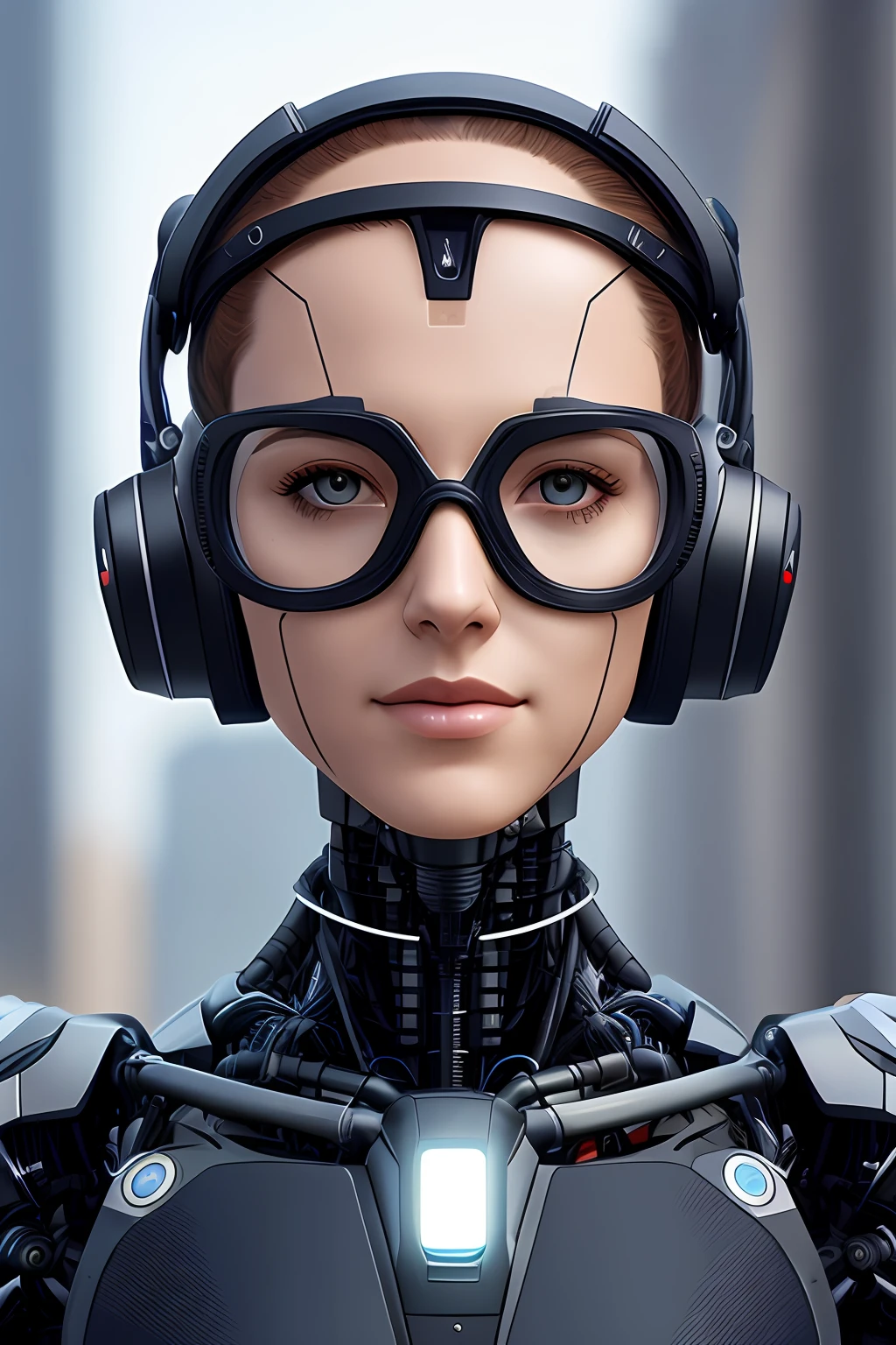 Cyborg face |Mechanical forehead，Mechanical cheeks，Female positive |Flesh-colored skin |Electronic systems: overhead humanoid robots |The details of the brain are right in front of you |Detailed connecting lines for the face |Biopunk |scybernetic |cyber punk perssonage |Canon M50|100mm|sharp fokus |ultra-realistic realism |The is very detailed|intricately details |Front view |head straight-looking at viewer |1 head per body，face to the viewer，Complex mechanical eye masks，Tech glasses