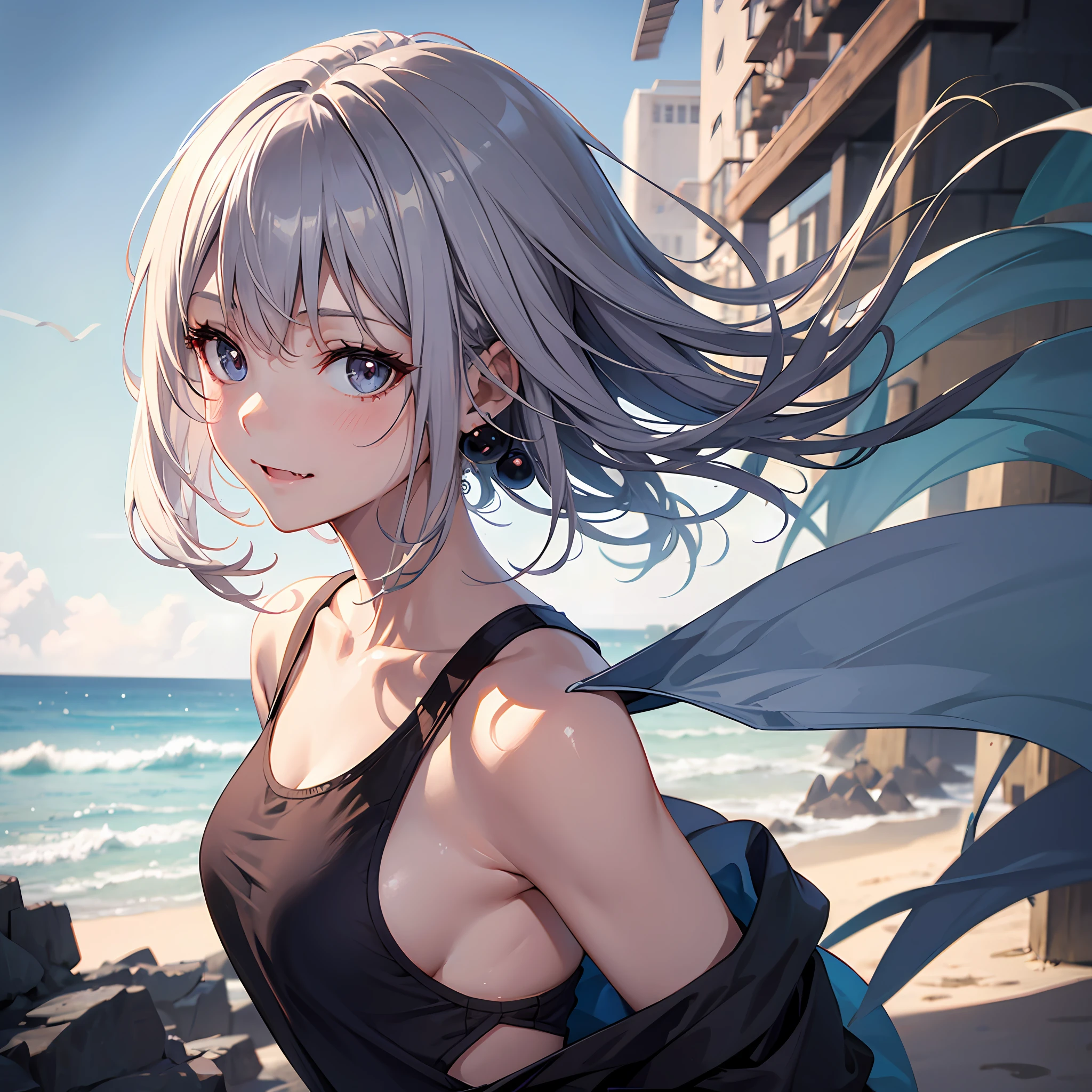 1girl, a woman standing at the beach beautiful, elegant and graceful,mature,black hair, tank_top,black top,full body,(silver hair:1.2),Short Bob with Dark Roots, 2 tone hair color,silver hair, hair bobbles, wince, longeyelashes, solid circle eyes,semi-realistic anime, light smile, ear blush, fang, Surrealism, drop shadow, stereogram, tachi-e, looking at viewer, atmospheric perspective, depth of field, 8k, super detail, ccurate, best quality, high details, super detail, high details, 8k,solo