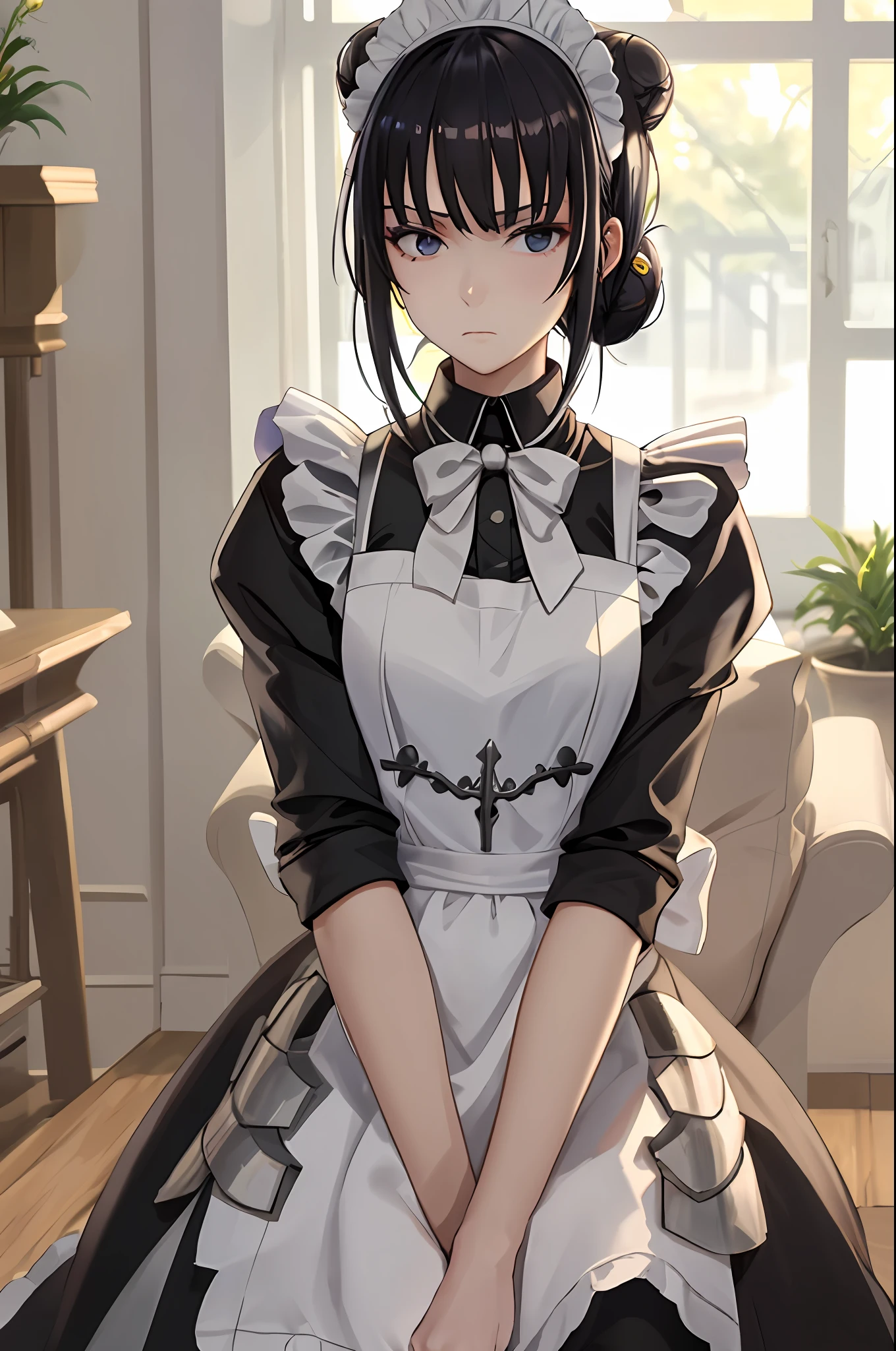 1girl, maiden, 独奏, black hair, hands on thighs, apron, maid headdress, single hair bun, Black Eyes, hair bun, looking a viewer, maid apron, Yellow elements, (bronya, armored dress,:1.1), emotionless, Narberal_gamma, hight resolution, sharp-focus, pixiv masterpiece, ((intricate details)), Highly detailed,