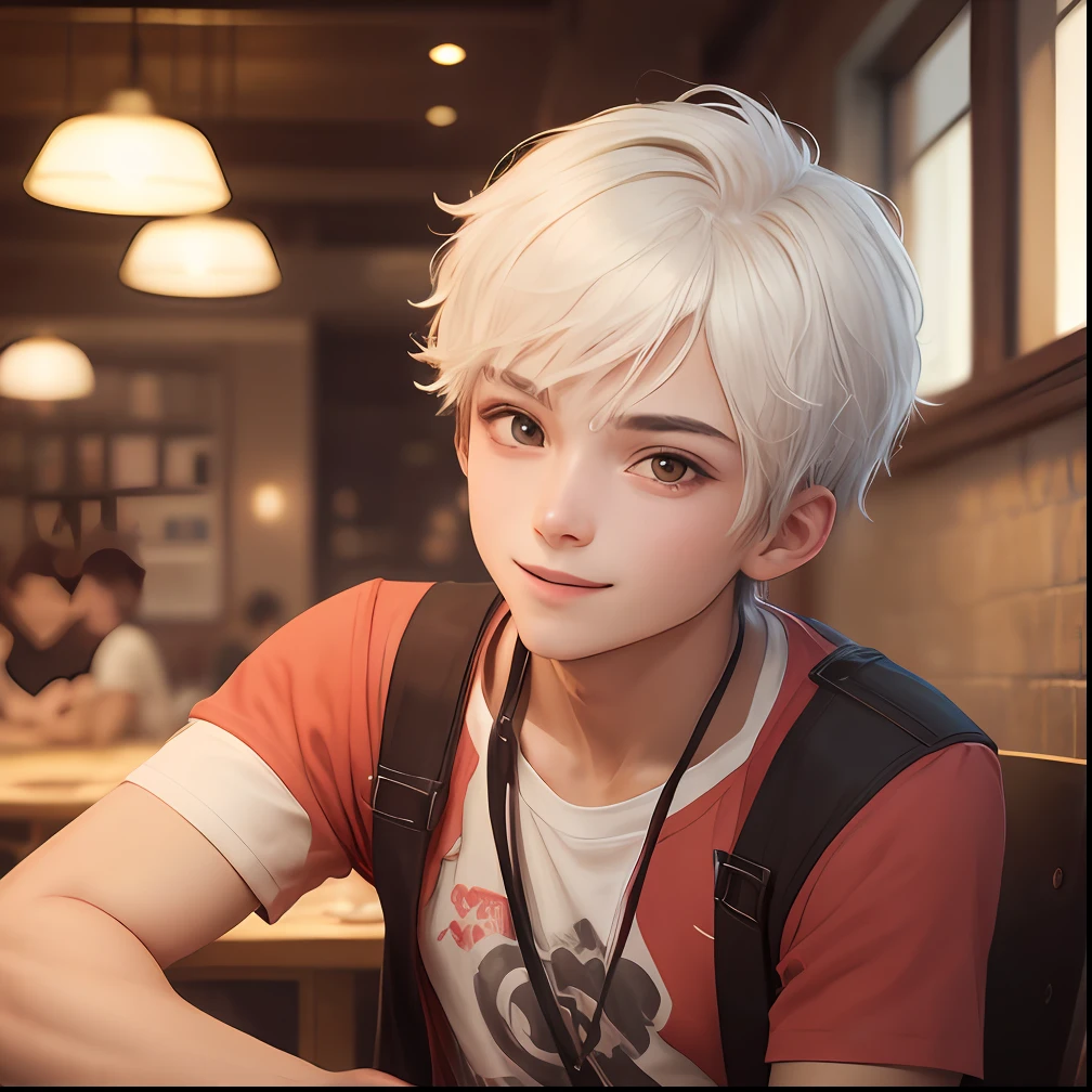 ((masterpiece)),(((best quality))), (high-quality, breathtaking),(expressive eyes, perfect face), 1boy, solo, male, short, young,  boy, short white hair, red eyes, smiling, casual clothes, short shorts, on a date in a cafe --auto