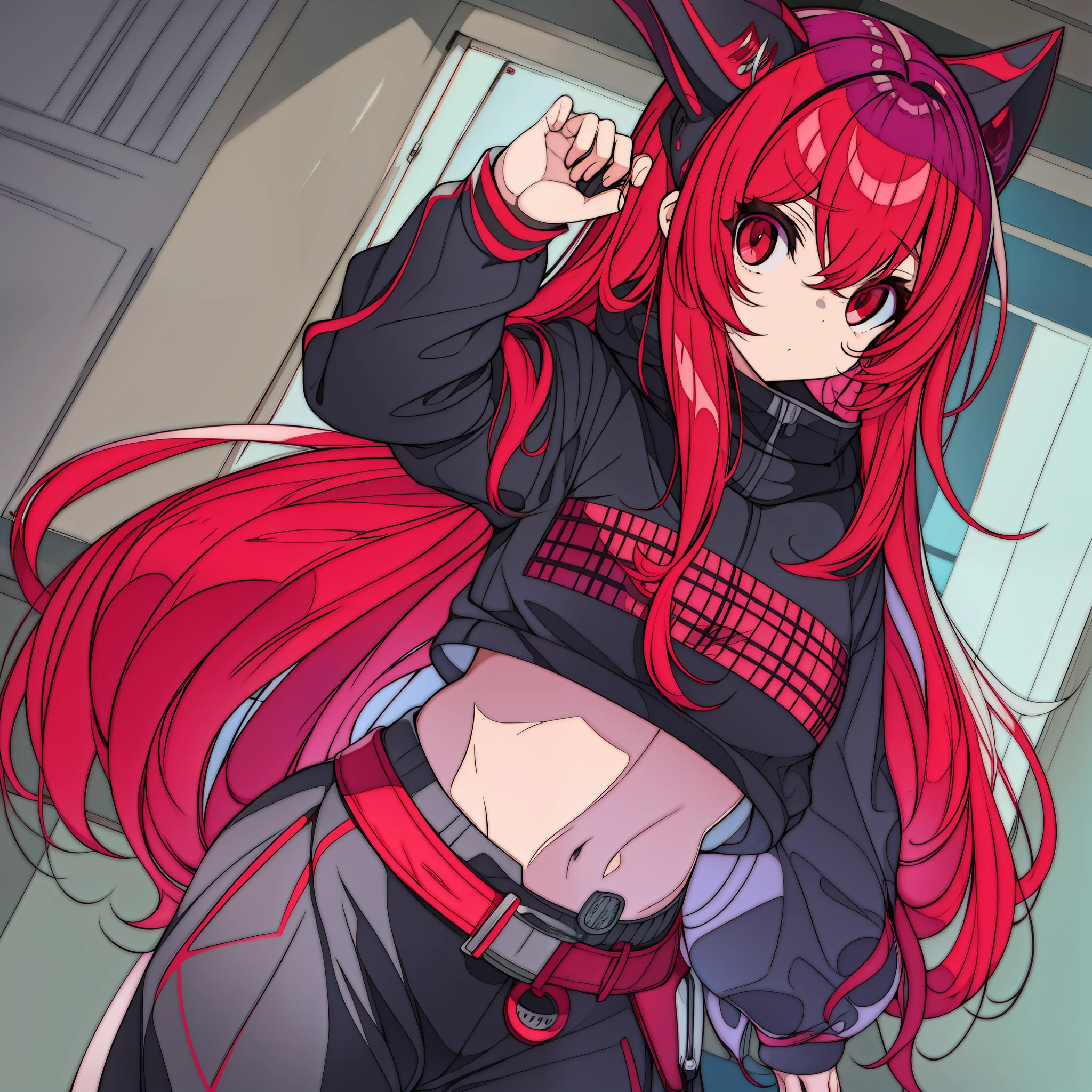 Smaller teenage female with red hair and red eyes, tsundere