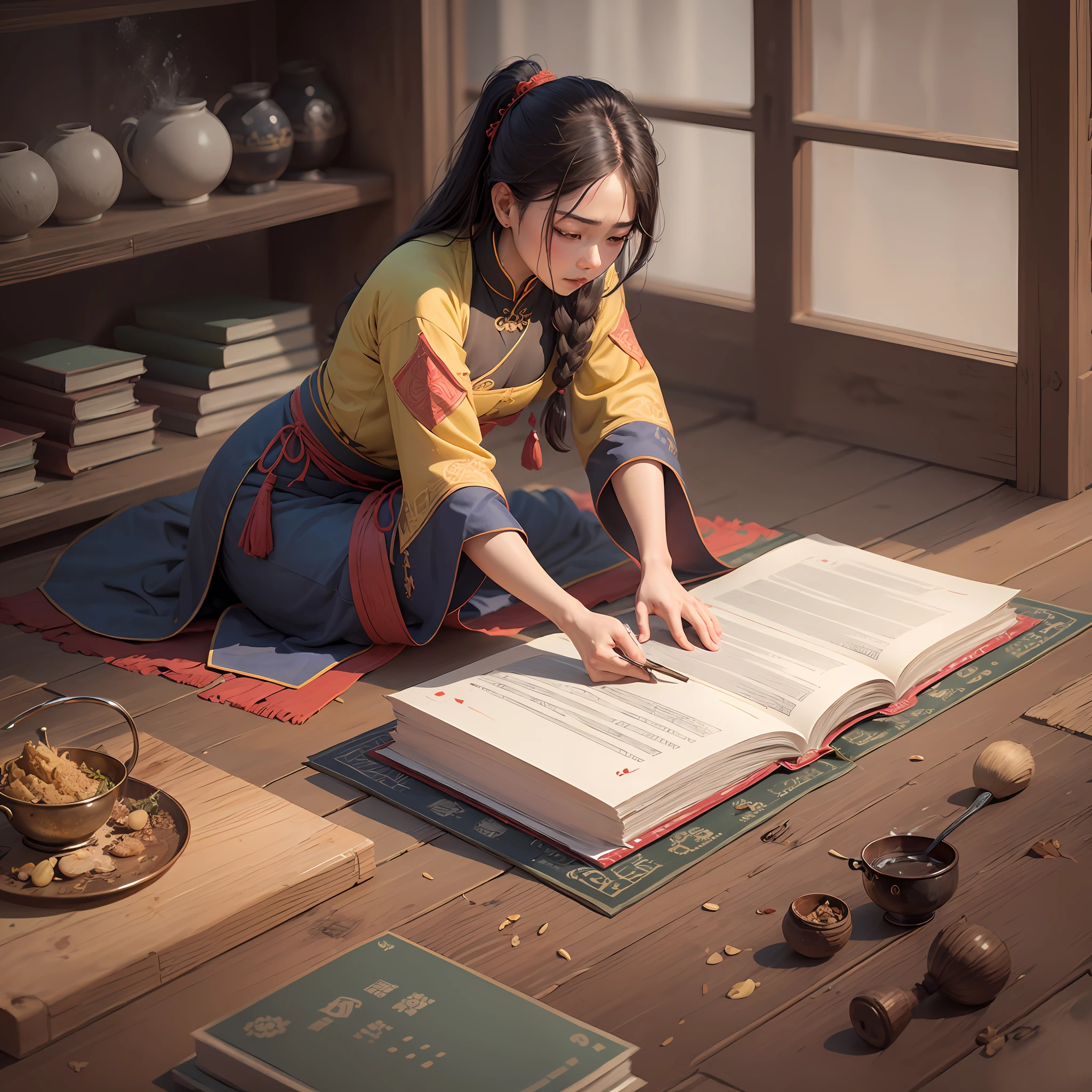 A bamboo book called Daqianlu was spread out on the ground，An immortal cultivator was gouging open his stomach and digging out his internal organs and placing them on the bamboo tablet of Daqianlu