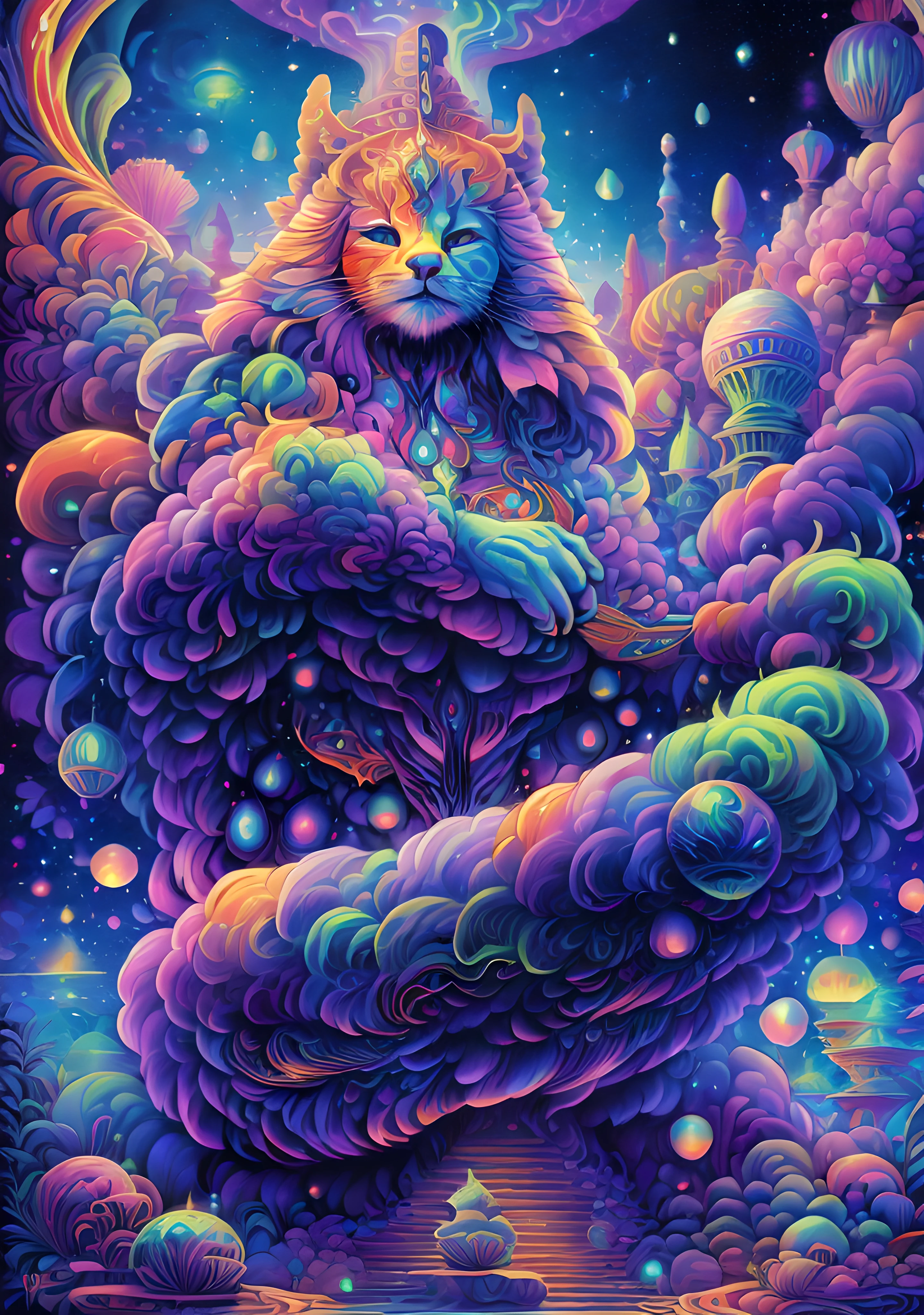 masterpiece, beautiful psychedelic entropy,best surreal masterpiece, top quality, best quality, official art, beautiful and aesthetic:1.2) , green skin godess and god standing on top of a mountain top holding eachother ,whole body and legs,below are a eguptian cat and sphinx,stars and galaxies in the background ,extreme detailed,colorful,highest detailed, official art, gold leaf ,glitter art ,unity 8k wallpaper, ultra detailed, beautiful and aesthetic, beautiful,fractal art, mystical and otherworldly, with intricate fur and piercing eyes, in the breathtaking mountain landscape of NCWinters ,alex grey ,psychedelic, dmt PsyAI