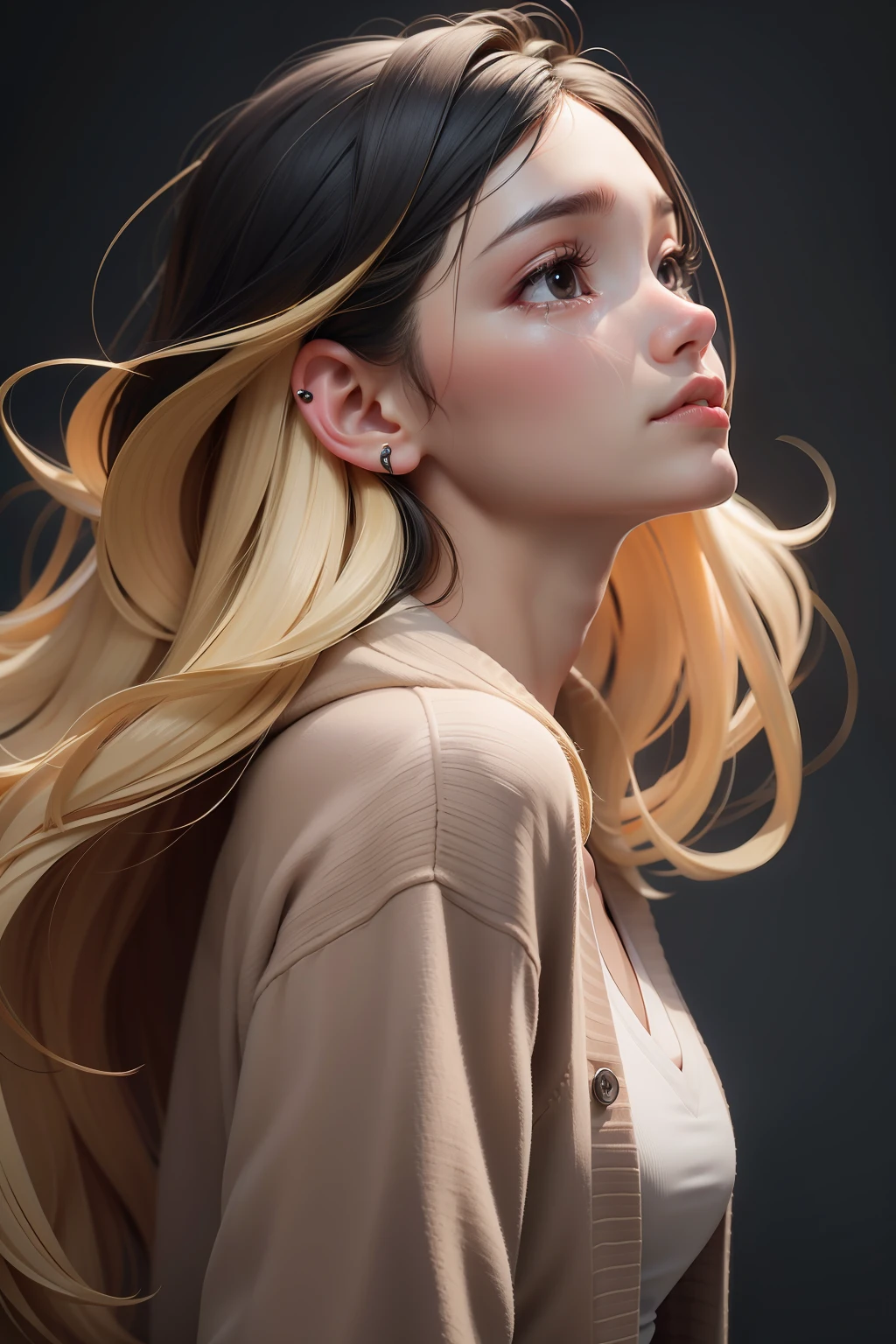 looking up、from side、(((upper body))))、looking away、sobbing, sunny、portrait、very long hair, female, solo, black hair, blonde hair, piercing, two-tone hair, black eyes, mole, cardigan, urban