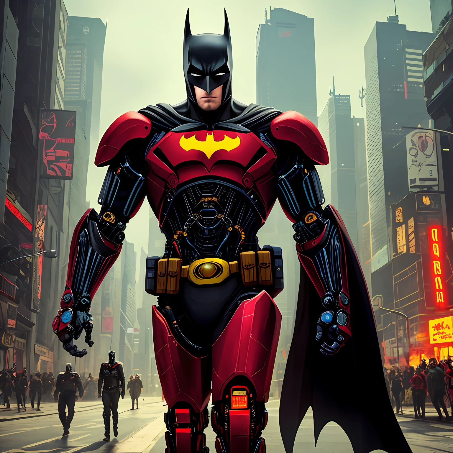 Dark Fantasy, Cyberpunk, Mechanical Batman, Red:1.1, Cybernetic Guardian, Robotic Presence, 1 Person