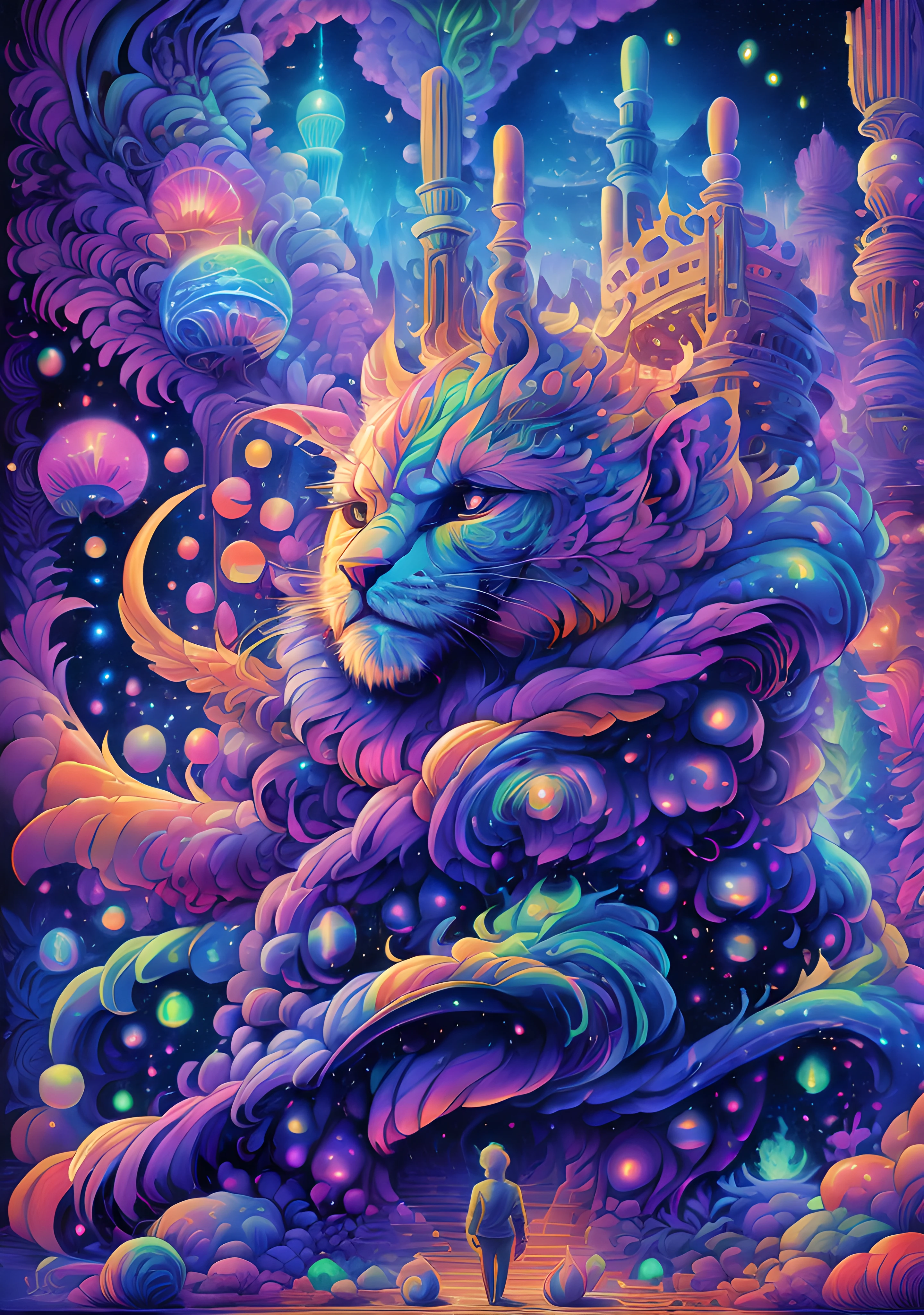 masterpiece, beautiful psychedelic entropy,best surreal masterpiece, top quality, best quality, official art, beautiful and aesthetic:1.2) , green skin godess and god standing on top of a mountain top holding eachother ,whole body and legs,below are a eguptian cat and sphinx,stars and galaxies in the background ,extreme detailed,colorful,highest detailed, official art, gold leaf ,glitter art ,unity 8k wallpaper, ultra detailed, beautiful and aesthetic, beautiful,fractal art, mystical and otherworldly, with intricate fur and piercing eyes, in the breathtaking mountain landscape of NCWinters ,alex grey ,psychedelic, dmt PsyAI