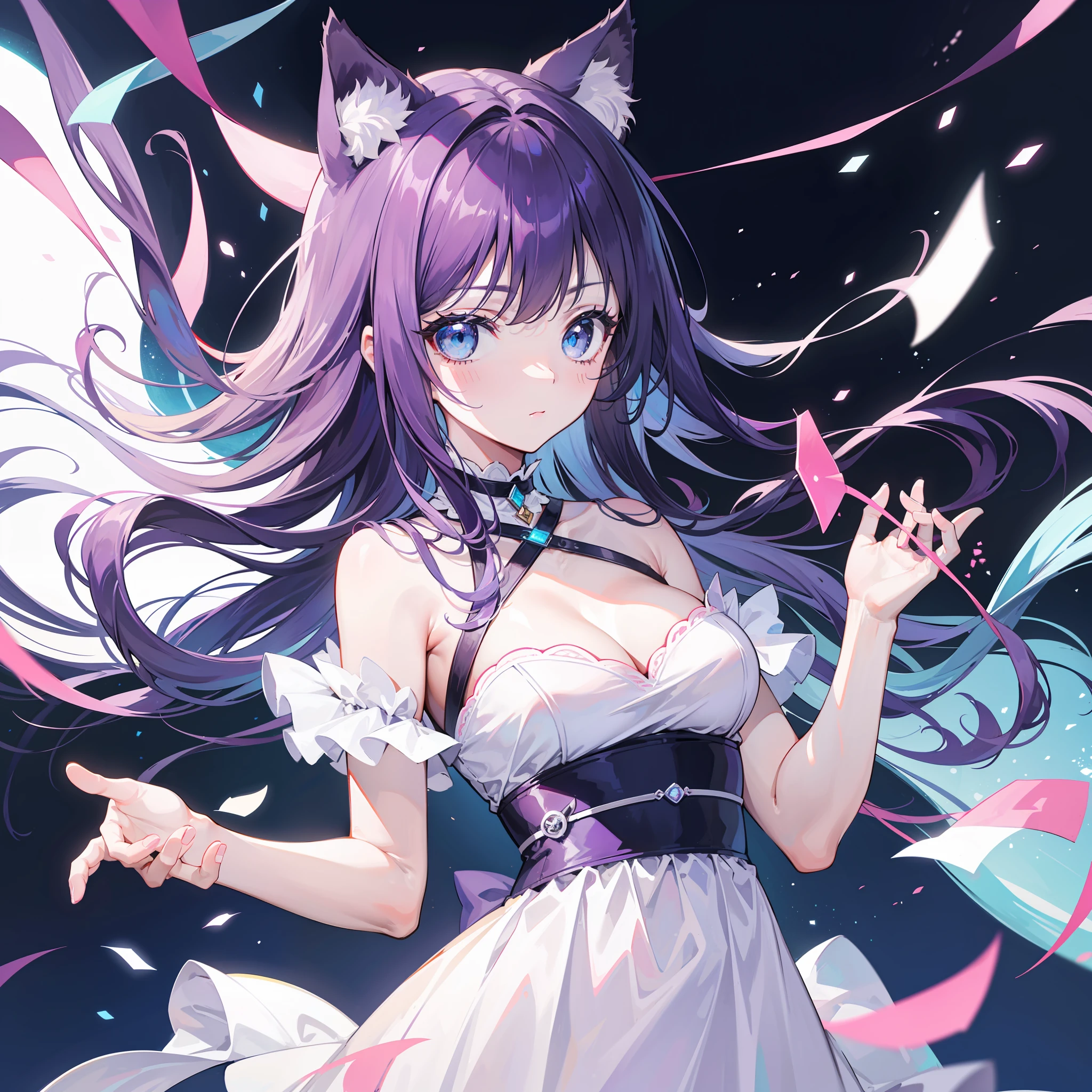 Girl, cute features, bright blue eyes, long dark purple hair, white light dress with cute decorations, cat ears and tail