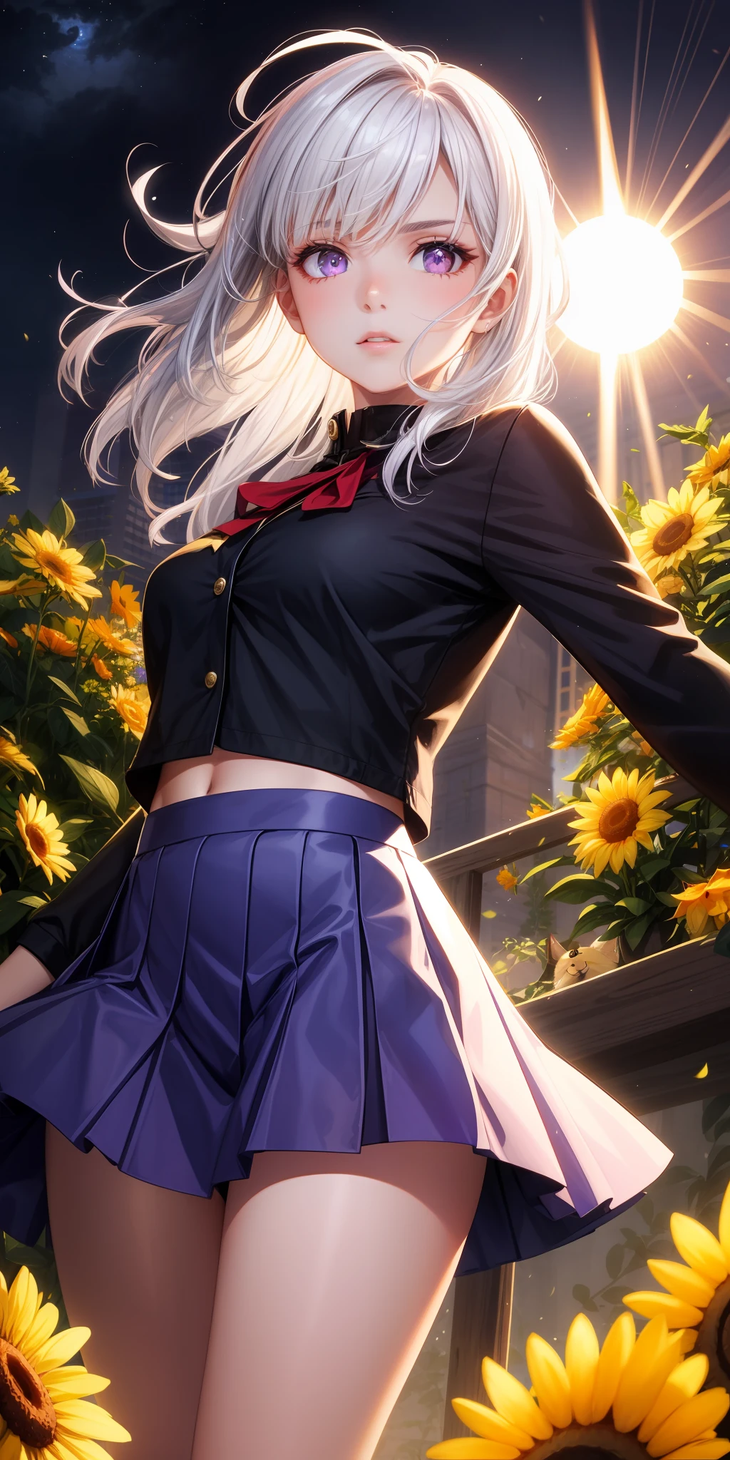 realisticlying，1girl，White hair，Purple eye，glowing light eyes，No top，a skirt，parted lip，Be red in the face，the night，fresh flowers，suns，rays of sunshine，