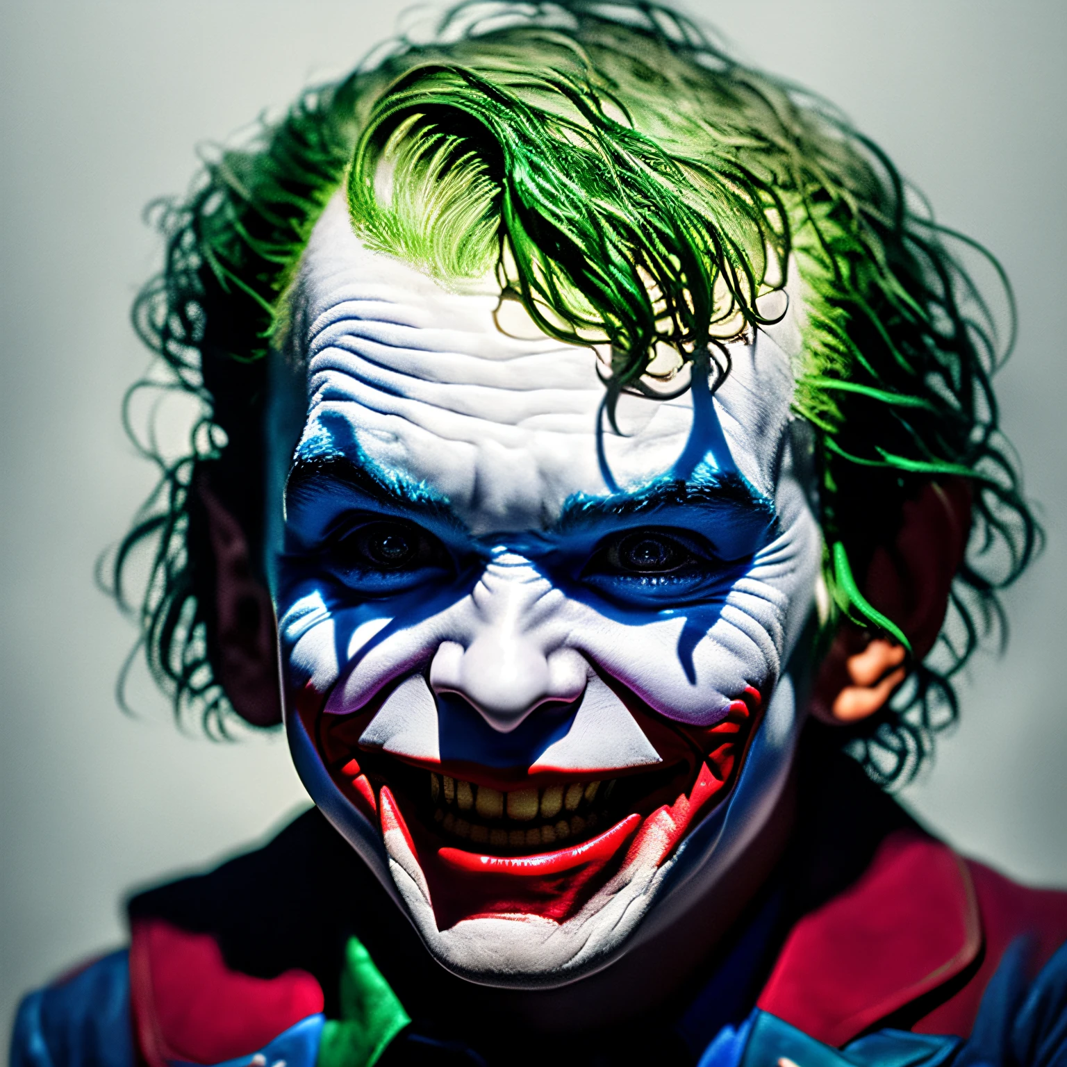 An incredibly detailed and hyper-realistic 8k portrait of a man dressed like The Joker with a pitiful expression, taken on a dark night street.