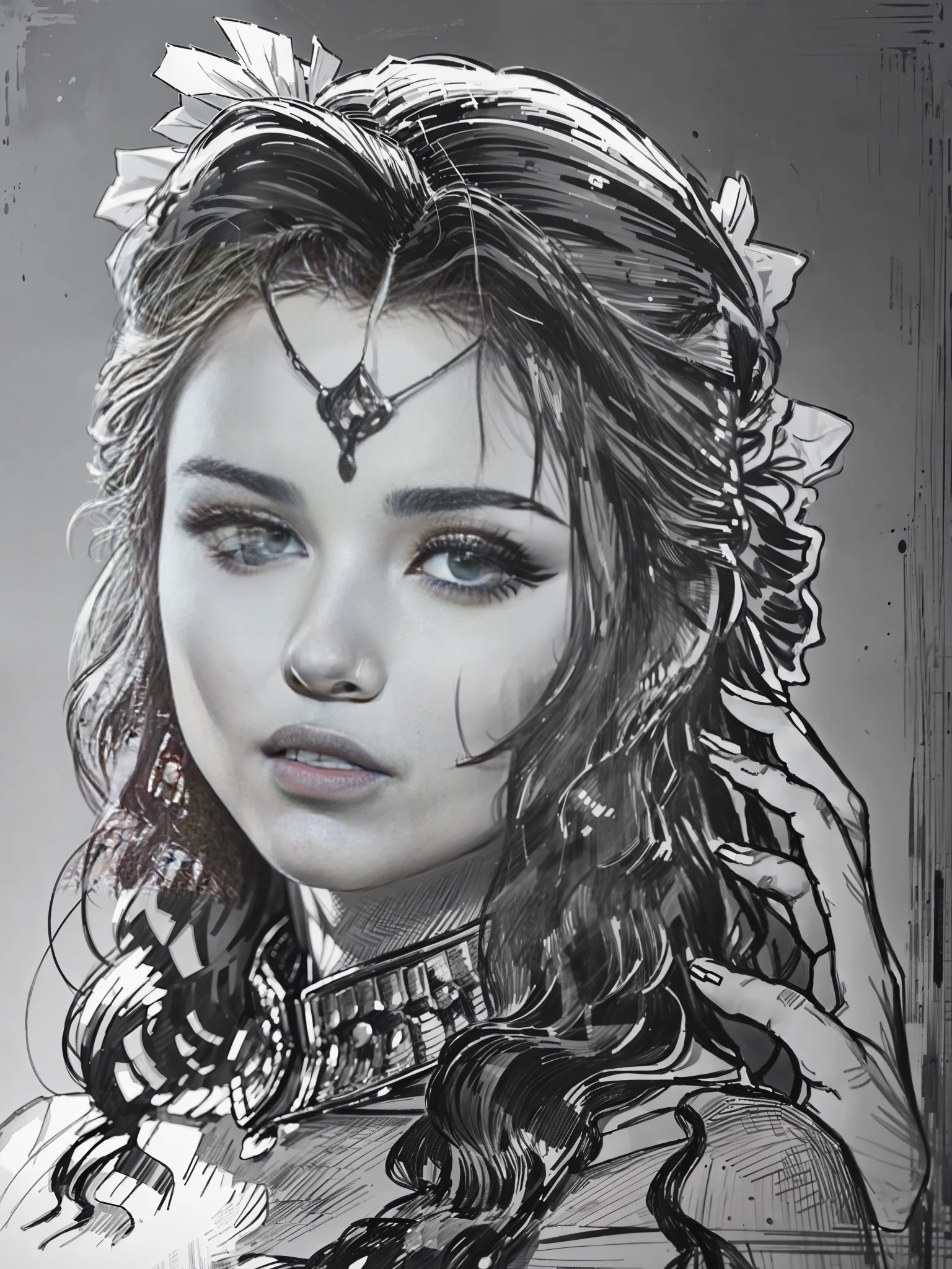 ((1 mulher guerreira nordica em estilo realista)):1.5), Touch in pencil,olhos intrigados,Grayscale, detalhes intrigados,super detalhado,((desenho grafite)):1.1), pintado delicadamente por um artista experiente,White Balance,100mm Lens,Grayscale