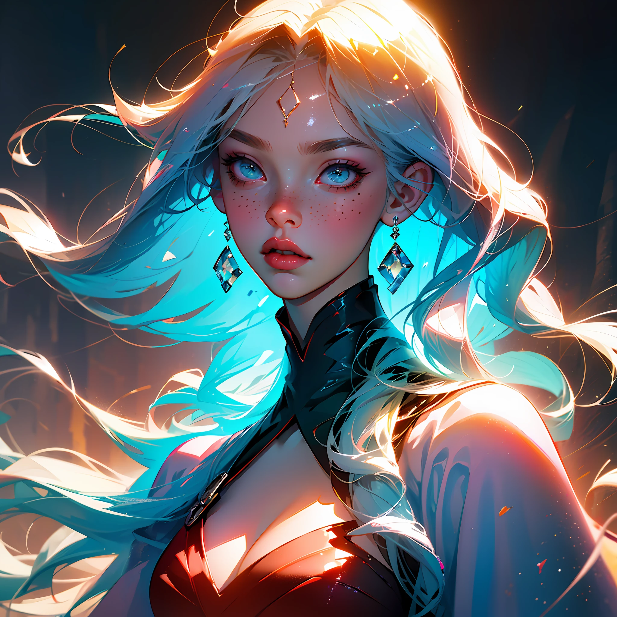 ((ultra detailed)),((Bright eyes)), (Detailed eyes) , 8k, blink blink, (The Little Faux Freckles Makeupgirl), ((realistic skin)), ((focus detailed 2 straps on the shoulders of dress)) , ((shiny facial skin)), with colorful hair and a colorful dress, rossdraws pastel vibrant, rossdraws cartoon vibrant, style anime 8k, beautiful portrait, artgerm colorful!!!, ! dream artgerm, beautiful anime girl, styled digital art, art wallpaper 8k, digital art, extremely detailed artgerm, --auto