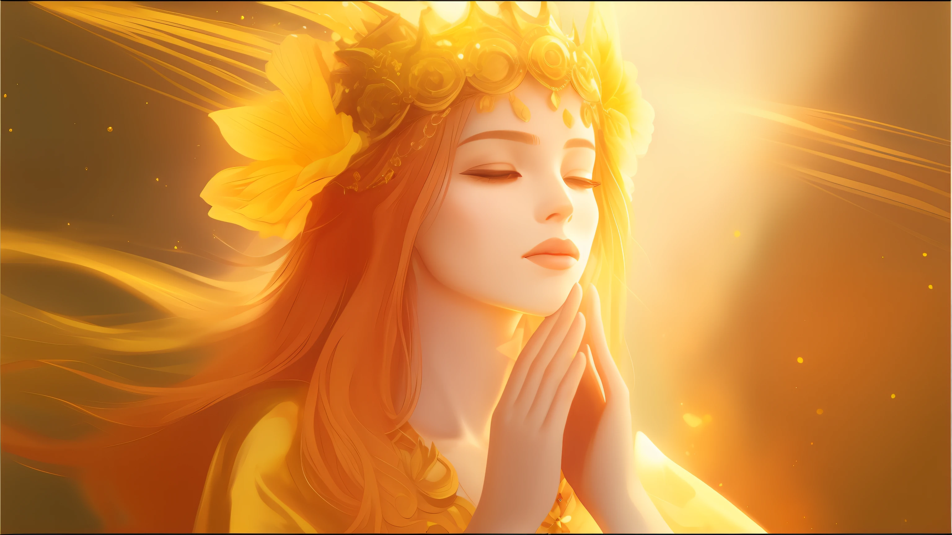 uma mulher com uma coroa de flores no cabelo rezando, como a deusa do sol, Deusa do Sol, ((uma bela imperatriz fantasia)), orange yellow ethereal, gold ethereal light, irradiando luz dourada, Deusa do outono, deusa bonita, wearing a golden halo, uma bela imperatriz fantasia, golden halo behind her head, holy flame crown spell, Aura dourada --auto