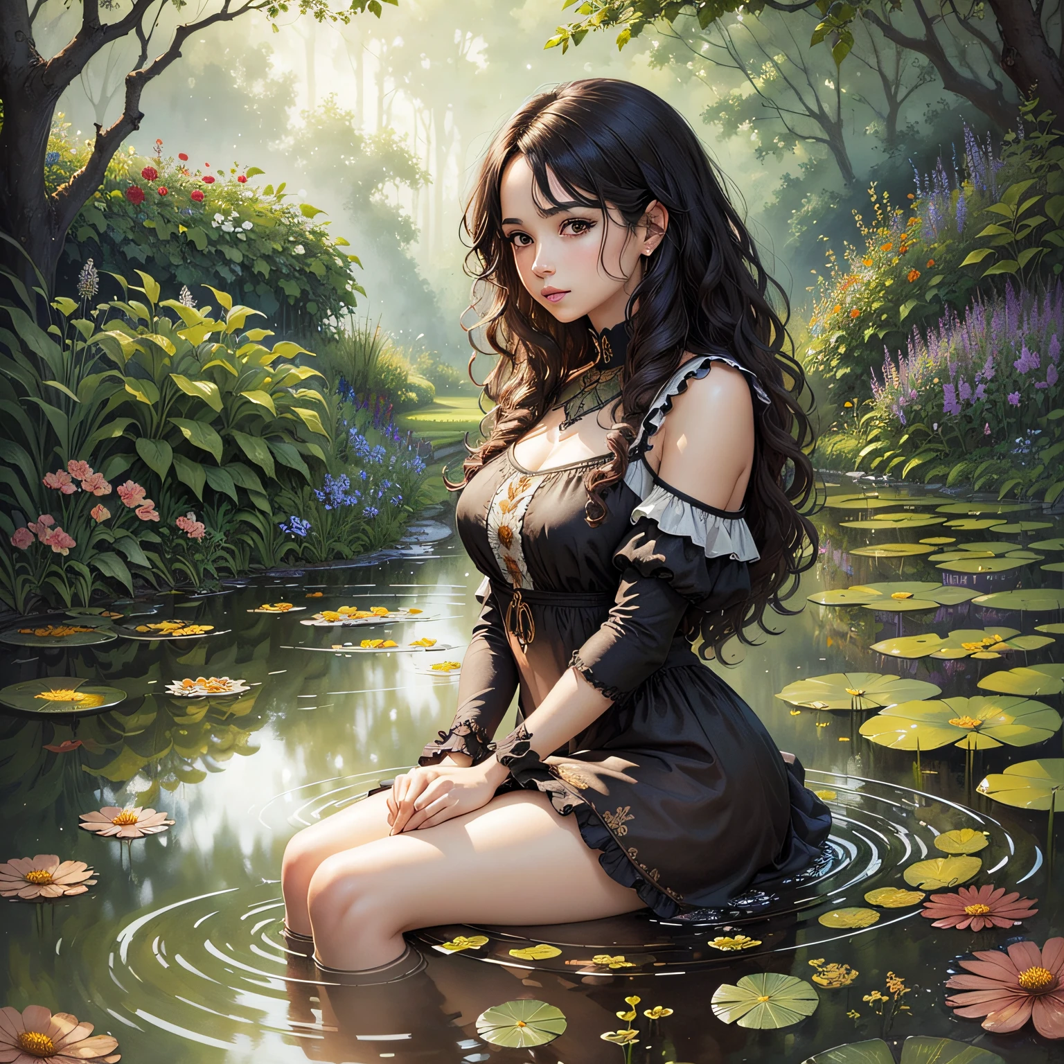 The most beautiful fantasy flower in the world, fantasy, watercolor painting, vibrant colors, night landscapes, on watercolor technique, magic river, garden flowers in the pond, lantern, beautiful caucasian woman sitting on the garden wall, beautiful woman in close-up, flower-patterned transparent clothes, flower tattoos on legs and arms, girl's feet submerged in water, skin and clothes with water, clothes made of transparent silk cloth with water, mujer, nalgas grandes, dama, diosa del agua,eductive pose, visible pubic hair, breasts visible, Sakimichan style art, oriental mandala tattoo,long curly black hair, floating antique clock, lamp ancient, splash,