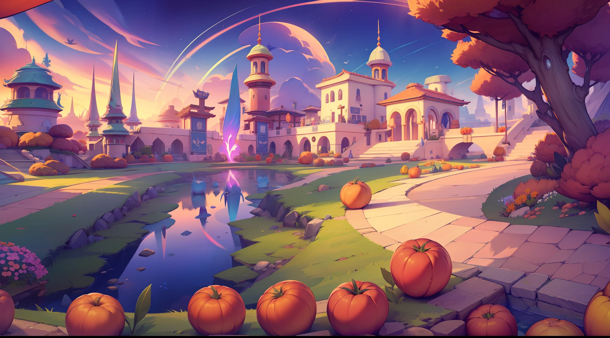 game scenes，small town，cartoonish style，wide angles，in a panoramic view，gameicon，tmasterpiece，best qualtiy，超高分辨率，3Drenderingof，8K，