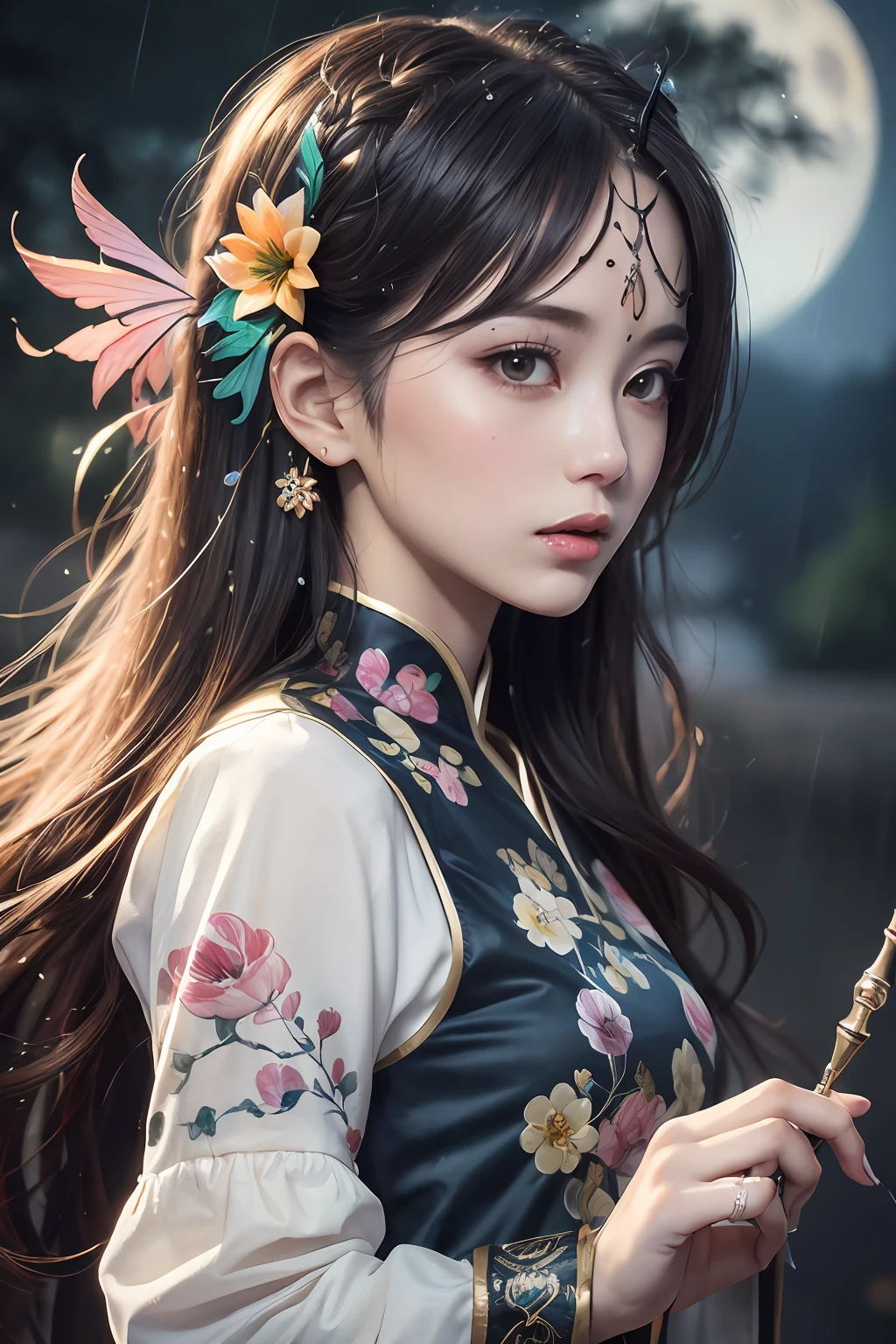 dramatic angle,(fluttered detailed color splashs), (illustration),(((1 girl))),(long hair),(rain:0.9),(hair ornament:1.4),there is an ancient palace beside the girl,chinese clothes,(focus on), color Ink wash painting,(color splashing),colorful splashing,(((colorful))),(sketch:0.8), Masterpiece,best quality, beautifully painted,highly detailed,(denoising:0.6),[splash ink],((ink refraction)), (beautiful detailed sky),moon,highly,detaild,(masterpiece, best quality, extremely detailed CG unity 8k wallpaper,masterpiece, best quality, ultra-detailed),(Lycoris radiata)