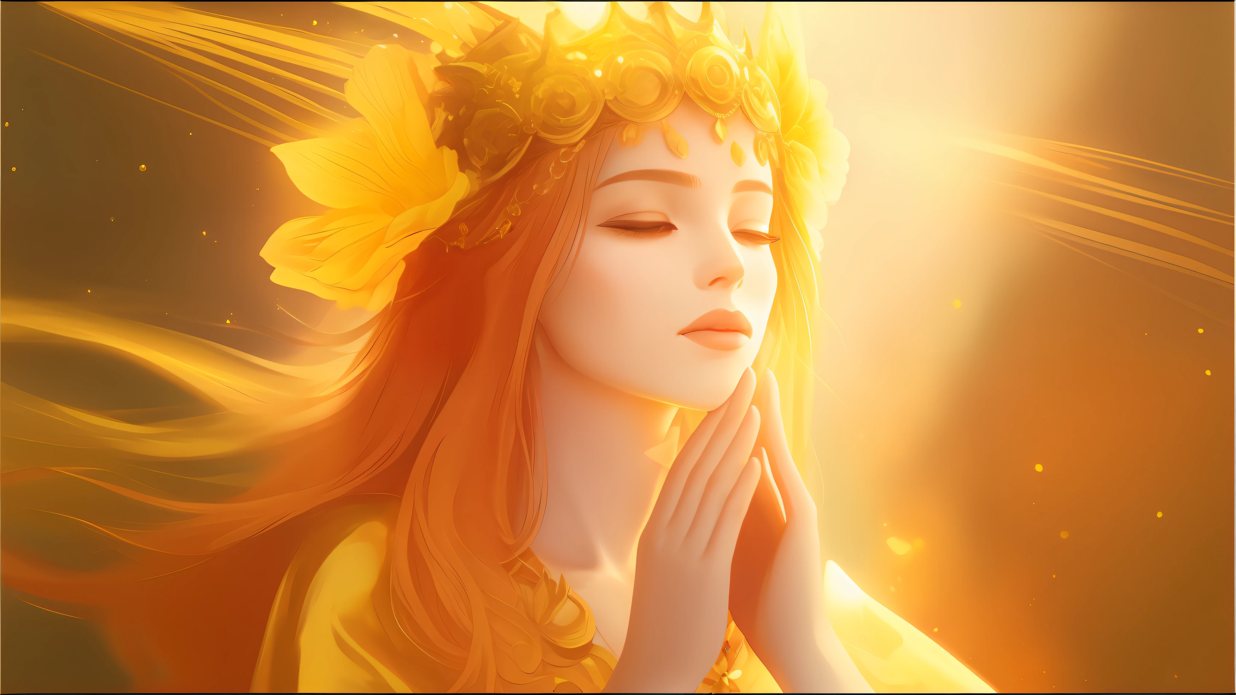 uma mulher com uma coroa de flores no cabelo rezando, como a deusa do sol, Deusa do Sol, ((uma bela imperatriz fantasia)), orange yellow ethereal, gold ethereal light, irradiando luz dourada, Deusa do outono, deusa bonita, wearing a golden halo, uma bela imperatriz fantasia, golden halo behind her head, holy flame crown spell, Aura dourada --auto
