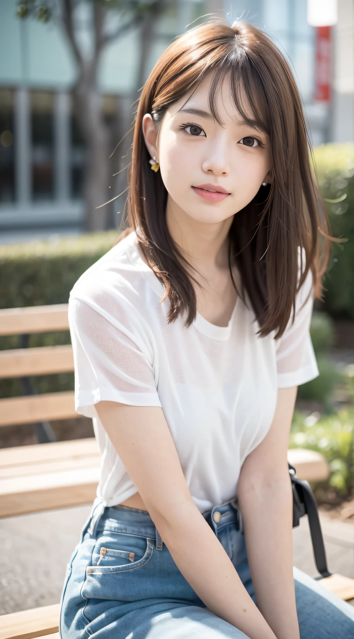 mix4, 20 days, Solo, Long_Hair, Nanase Nishino, Haruka Kaki, park, bench, Seated, (8K, RAW photography, Best quality, Masterpiece:1.2), (Realistic, Photorealistic: 1.37), Professional lighting, photon maping, Radio City, physically-based renderingt