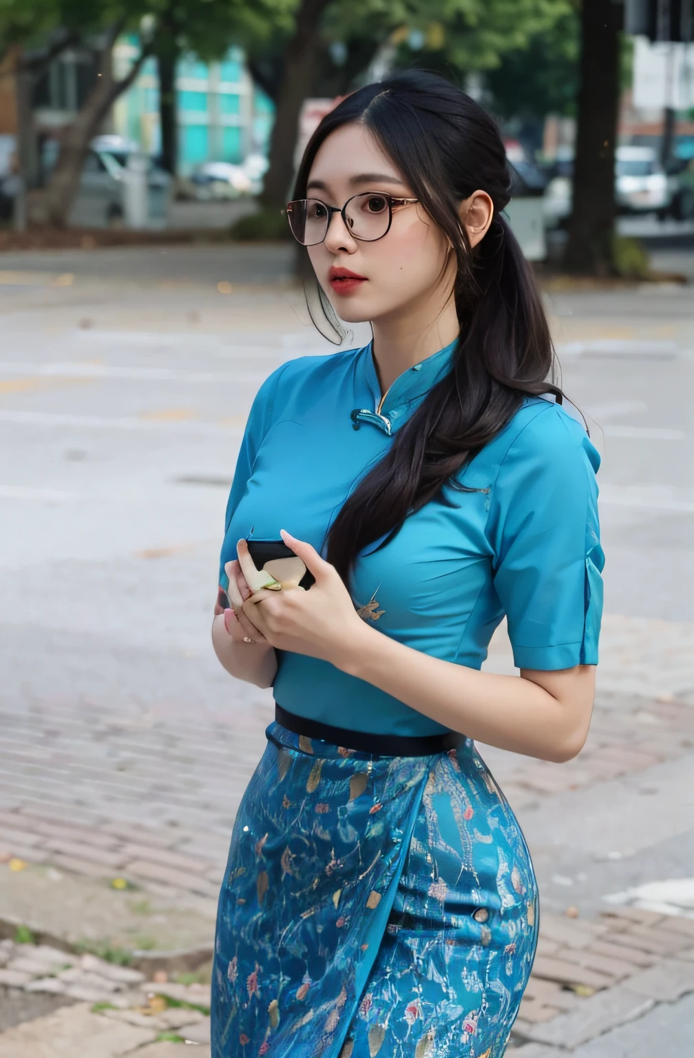 there is a woman standing on a sidewalk with a cell phone, in style of lam manh, nivanh chanthara, wearing a blue qipao dress, ao dai, in a blue qipao, traditional beauty, in style of thawan duchanee, dang my linh, mai anh tran, blue colored traditional wear, with glasses, masterpiece, 8k, cleavage, big boobs, bust detail, hair detail, eye detail