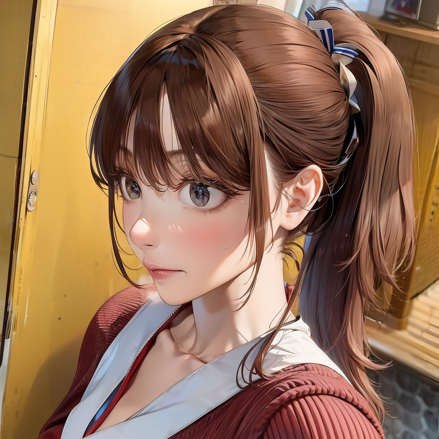 French bangs,brunette color hair,pony tails,High ponytail
