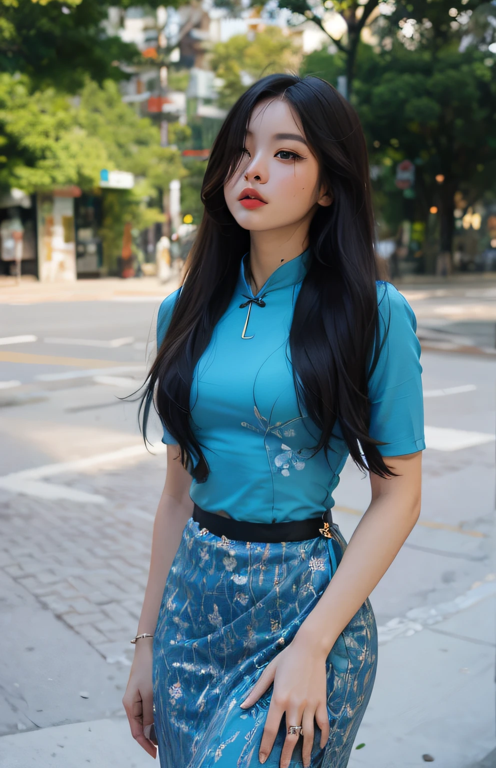 arafed woman in a blue shirt and skirt posing for a picture, in style of lam manh, nivanh chanthara, dang my linh, south east asian with long, mai anh tran, asian girl, traditional art, in a blue qipao, traditional beauty, vietnamese woman, wearing a blue qipao dress, very beautiful girl, masterpiece, 8k, cleavage, big boobs, bust detail, hair detail, eye detail