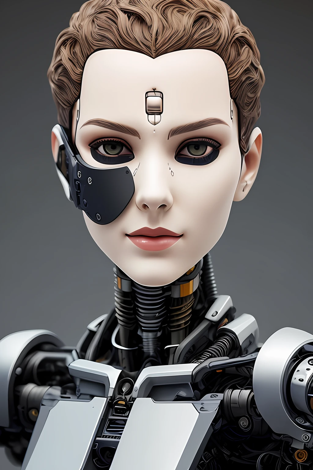 Cyborg face |Mechanical forehead,Mechanical cheeks,Female positive |Flesh-colored skin |Electronic systems: overhead humanoid robots |The details of the brain are right in front of you |Detailed connecting lines for the face |Biopunk |scybernetic |cyber punk perssonage |Canon M50|100mm|sharp fokus |ultra-realistic realism |The is very detailed|intricately details |Front view |head straight-looking at viewer |1 head per body,face to the viewer,Complex mechanical masks
