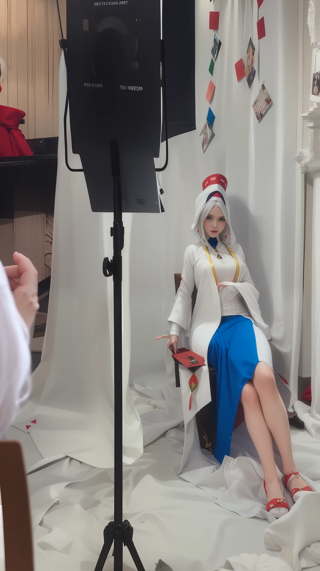 There was a woman sitting on the floor,Holding a card in front of the camera, Group photo in costume, behind the scenes photo, publicity cosplay, photoshoot, photo from a promo shoot, 4k high definition. snow white hair, photographed, as a clay character, cosplay foto, fantasy photoshoot, Photo session, cosplay, live-action archival footage