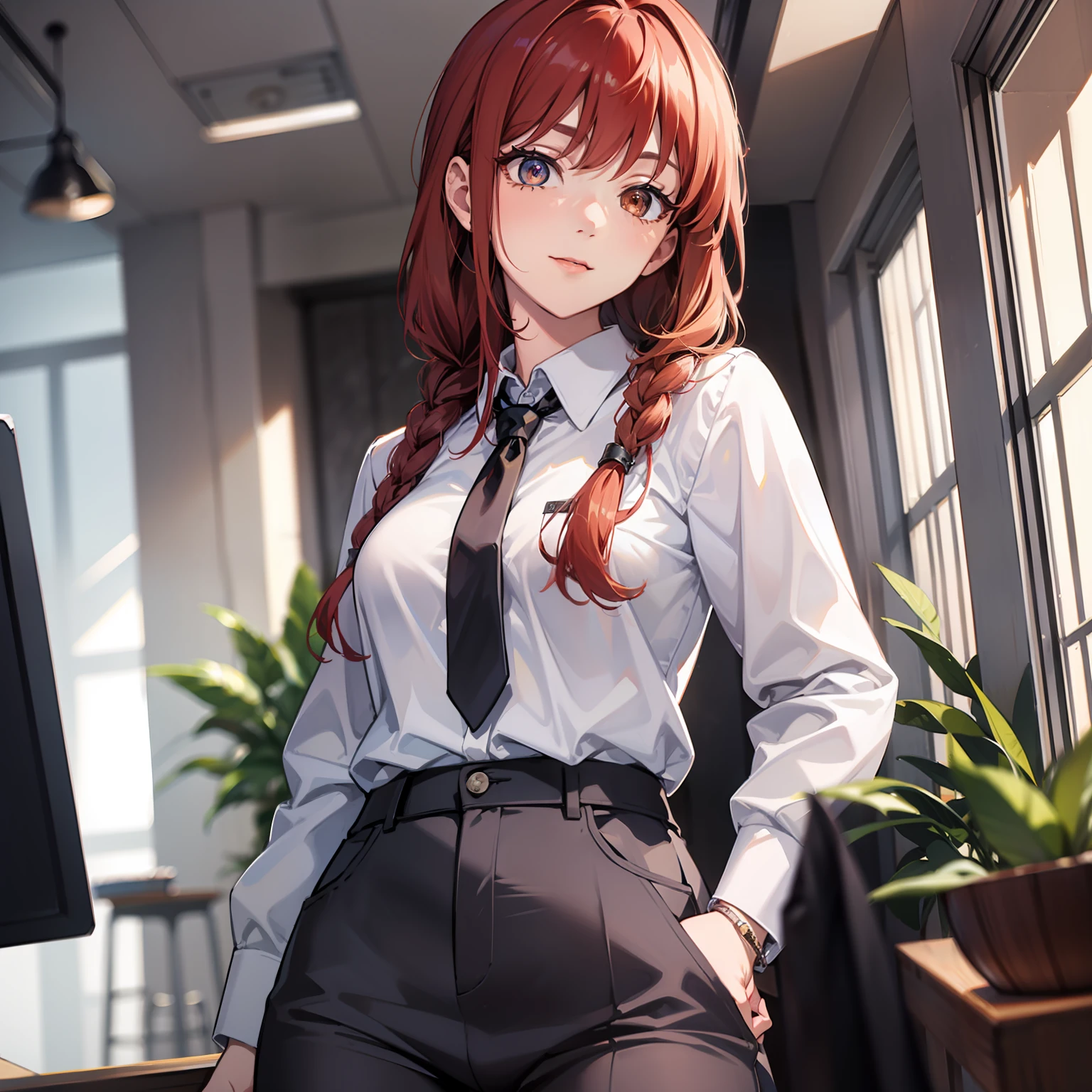 makima, makima, cabello largo, sonrisa, flequillo, small breasts, (ojos amarillos: 1.2), trenza, cabello rojo, cola de caballo trenzada, ojos anillados, camisa BREAK, mangas largas, chaqueta, camisa blanca, corbata, camisa con cuello, pantalones, chaqueta negra, pantalones negros, formal, traje, corbata negra, camisa metida, office lady, BREAK en interiores, oficina, BREAK mirando al espectador, BREAK (obra maestra: 1.2), mejor calidad, high resolusion, unidad 8k fondo de pantalla, (illustration: 0.8), (hermosos ojos detallados: 1.6), cara extremadamente detallada, perfect ilumination, CG extremadamente detallado, (manos perfectas, Perfect Anatomia)