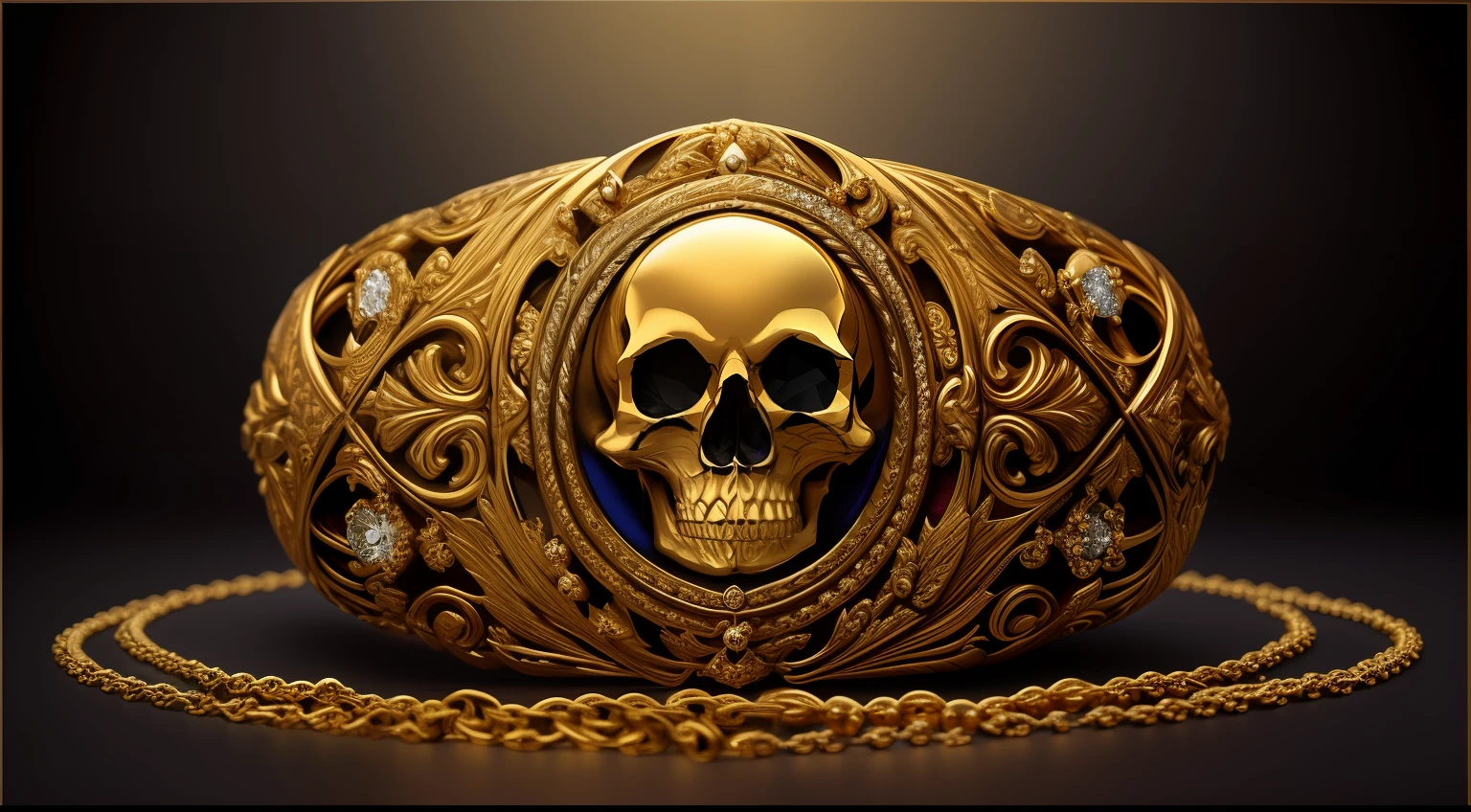 jeverly of satan, golden frame, rubies, diamonds, (ivory skulls:1.2), pentagram, black velvet background, ultra detailed, dramatic, intricate, elegant, highly detailed, artstation, smooth, sharp focus, octane render, Jewelry design