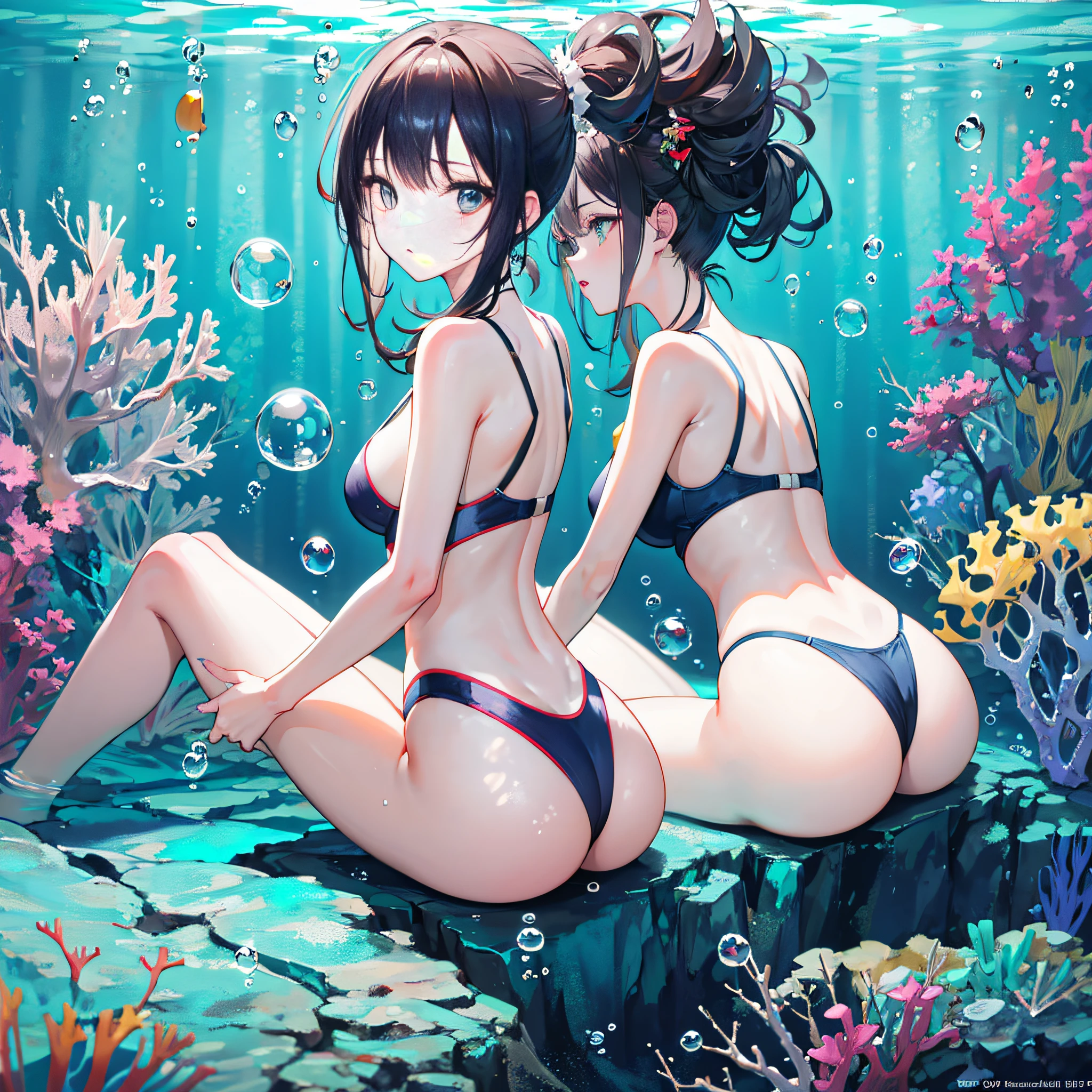(Underwater:1.5), Girl, 19 years, Medium breasts, High ponytail, swimsuit, from back, focus on ass, Sitting on dry sand, ((surrounded by bubbles)), (())