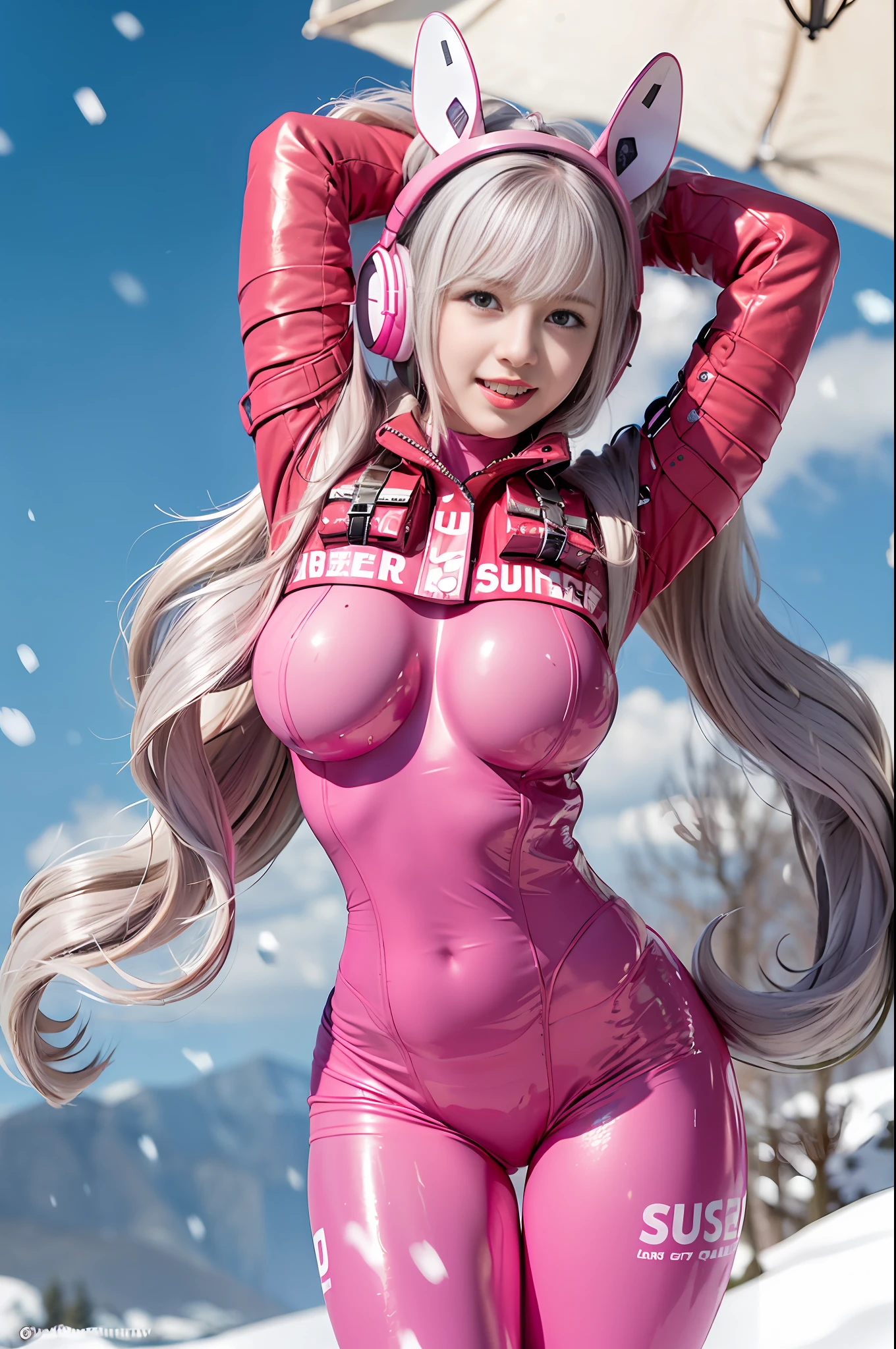 (RAW photo, best quality, masterpiece:1.2), (realistic, photo-realistic:1.4),(masterpiece:1.4),(best quality:1.4),1girl, solo, :d, animal ear headphones, animal ears, arms up, bangs, blush, bodysuit, breasts, bunny pose, clothes writing, covered navel, cowboy shot, cropped jacket, fake animal ears, gloves, outdoor,morning,snow, hair intakes, headphones, impossible bodysuit, impossible clothes, jacket, large breasts, latex, latex bodysuit, long hair, long sleeves, looking at viewer, large breasts, multicolored gloves, open mouth, pink bodysuit, pink eyes, red eyes, red jacket, shiny clothes, shrug \(clothing\), sidelocks, skin tight, smile, thigh gap, thighs, twintails, very long hair, white gloves, white hair,alice \(nikke\),(shiny skin),realistic,