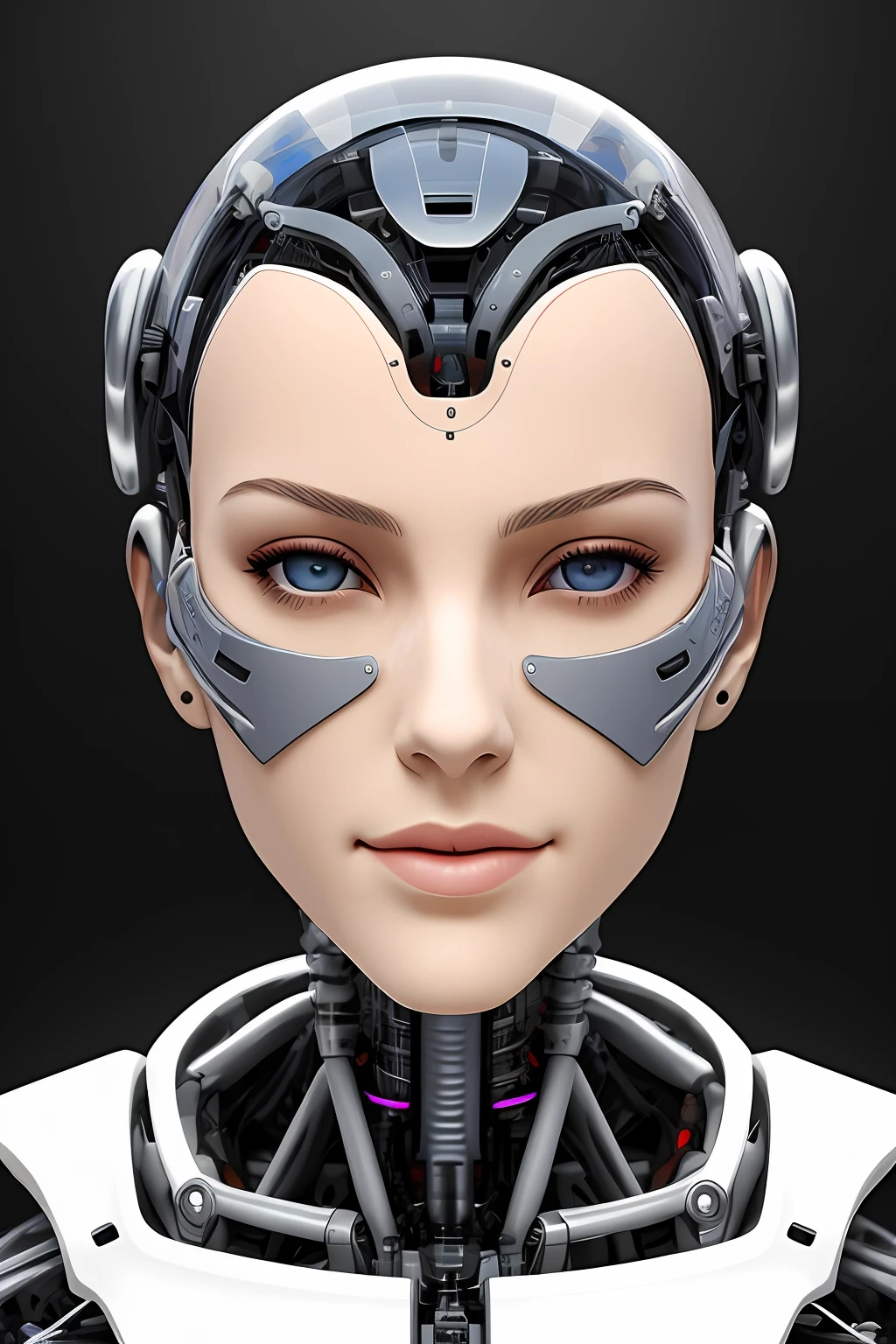 Cyborg face |Mechanical forehead,Mechanical cheeks,Female positive |Flesh-colored skin |Electronic systems: overhead humanoid robots |The details of the brain are right in front of you |Detailed connecting lines for the face |Biopunk |scybernetic |cyber punk perssonage |Canon M50|100mm|sharp fokus |ultra-realistic realism |The is very detailed|intricately details |Front view |head straight-looking at viewer |1 head per body,face to the viewer,Complex mechanical masks