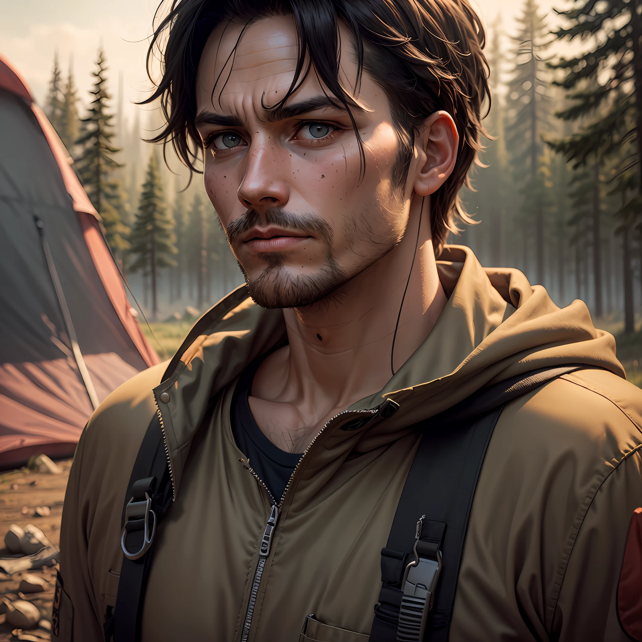 facial portrait, man in camping clothes, post-apocalyptic, dramatic light