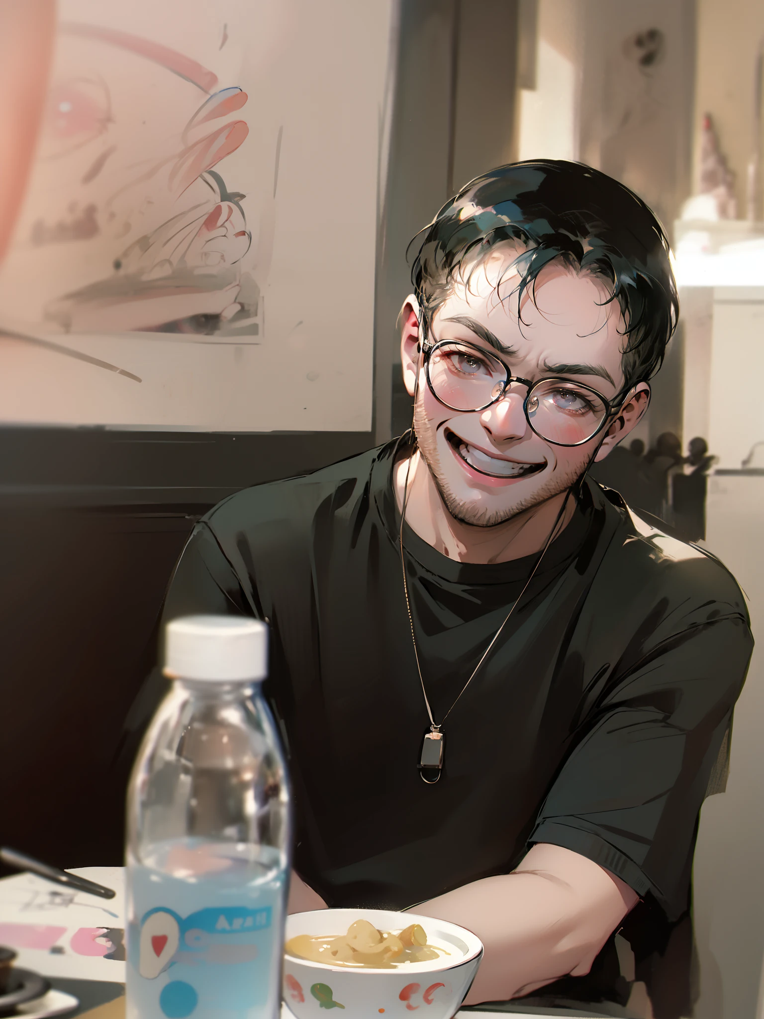 cool guy,wears glasses,Shy,Laughing happily,ink wash style,ultra-clear,High quality