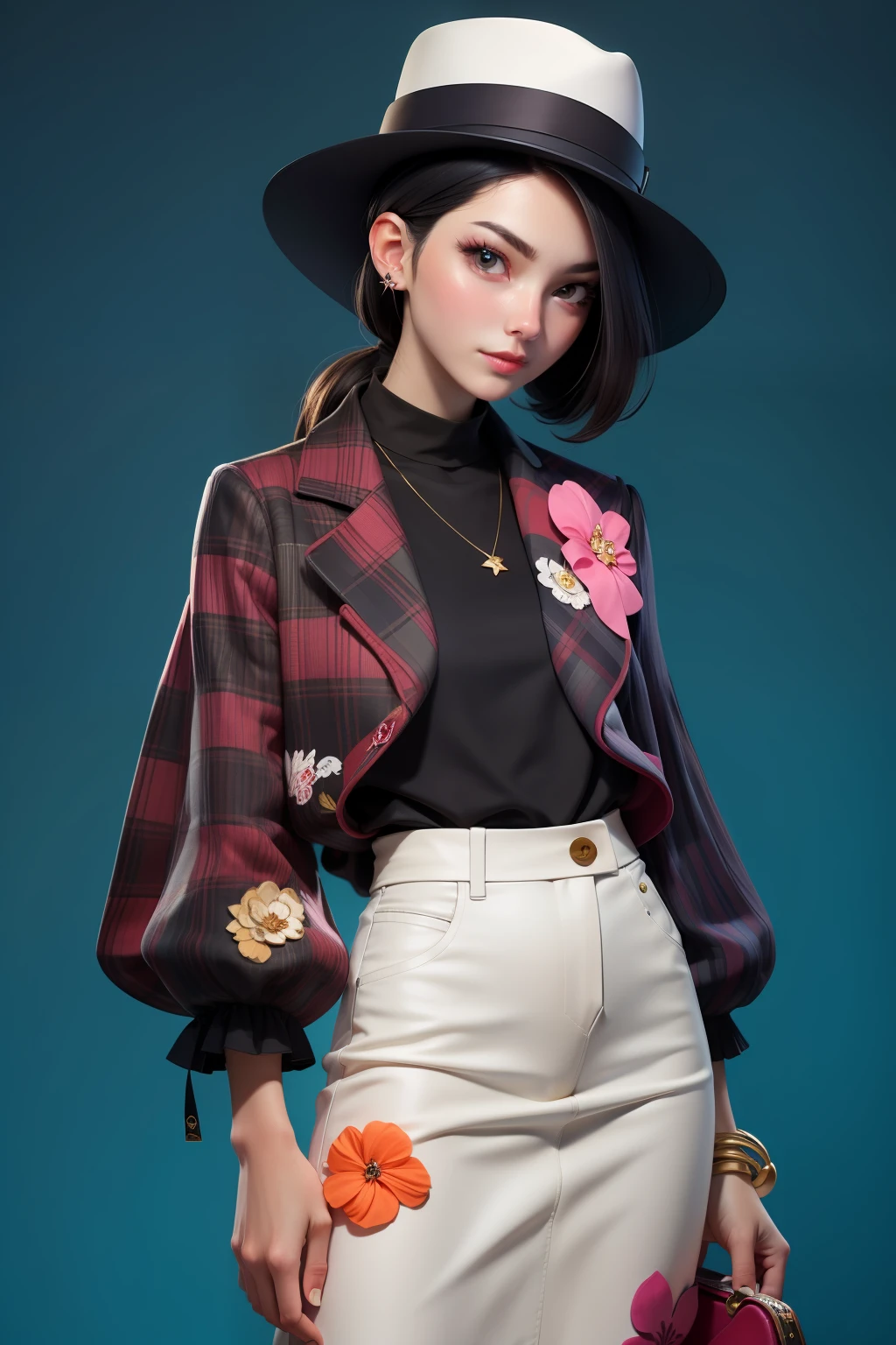 Draw an attractive woman。She has an artistic and unique fashion sense。Her outfit is、It is a mix and match that combines various materials and patterns.、We also wear unique accessories and hats.