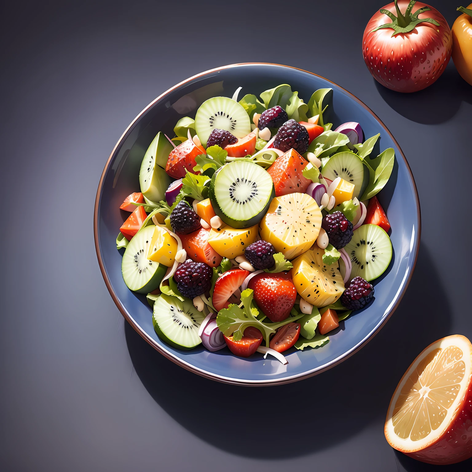 A plate of fruit salad, colorful,
yang08k, photography, beautiful, black background,
masterpieces, top quality, best quality, official art, beautiful and aesthetic, realistic,