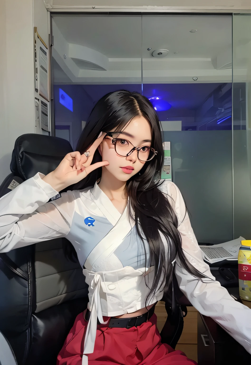 there is a woman sitting at a desk with her hands up, professional profile picture, korean girl, dang my linh, xintong chen, headshot profile picture, 2 8 years old, with glasses, wenfei ye, 2 7 years old, 2 2 years old, profile image, 2 3 years old, 21 years old, professional picture, very low quality, masterpiece, 8k, cleavage, big boobs, bust detail, hair detail, eye detail