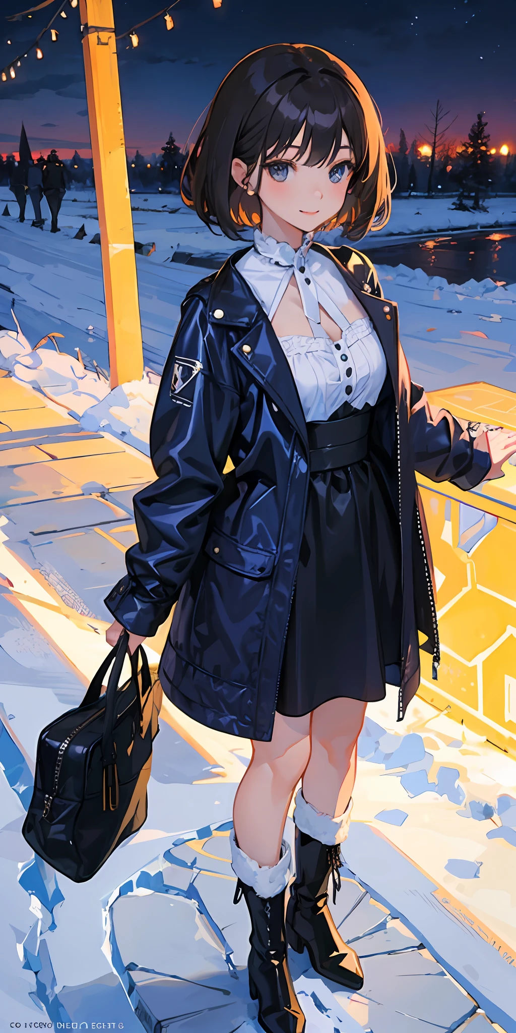On the snow at night,1girll,brunette color hair,Medium and short hair,Black colored eyes,Royal blue down jacket,White color blouse,Black leather slip dress,blacksilk,Riding boots,Gentle eyes,Enchanted smile,Be red in the face,8K,tmasterpiece,Wallpapers