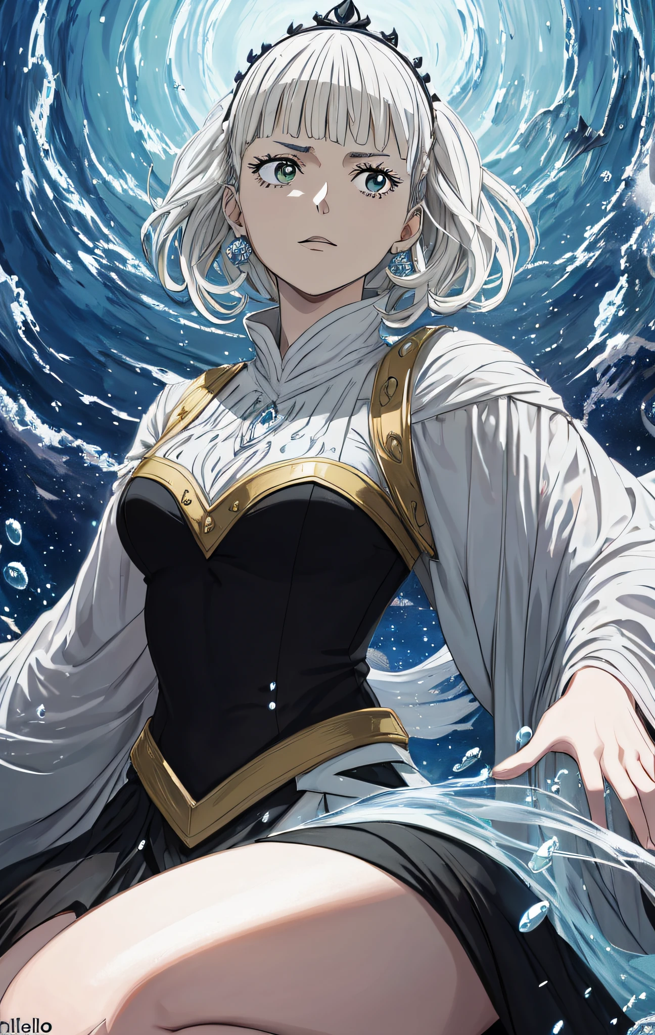 (melhor qualidade, obra-prima, ultra-detalhado), 1garota, ((Noelle Silva - Black Clover)), rainha do mar, galaxy, cubos flutuantes, particulate rain, plano de busto, fundo super detalhado, fundo do mar, stream of water, Aquatic explosion, olhando para o espectador, cabelo prateado longo, close de rosto, efeitos de luz, efeito de desfoque.