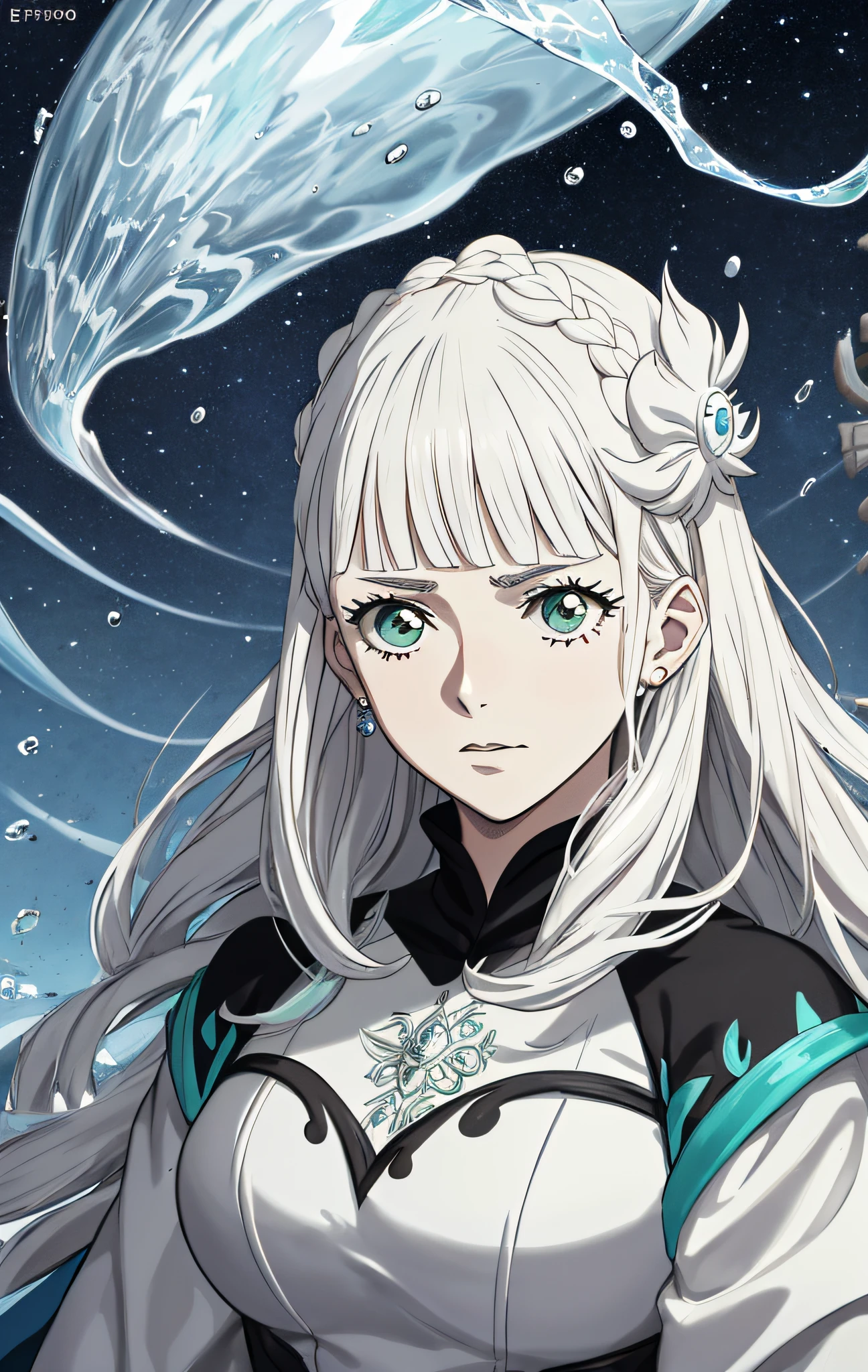 (melhor qualidade, obra-prima, ultra-detalhado), 1garota, ((Noelle Silva - Black Clover)), rainha do mar, galaxy, cubos flutuantes, particulate rain, plano de busto, fundo super detalhado, fundo do mar, stream of water, Aquatic explosion, olhando para o espectador, cabelo prateado longo, close de rosto, efeitos de luz, efeito de desfoque.