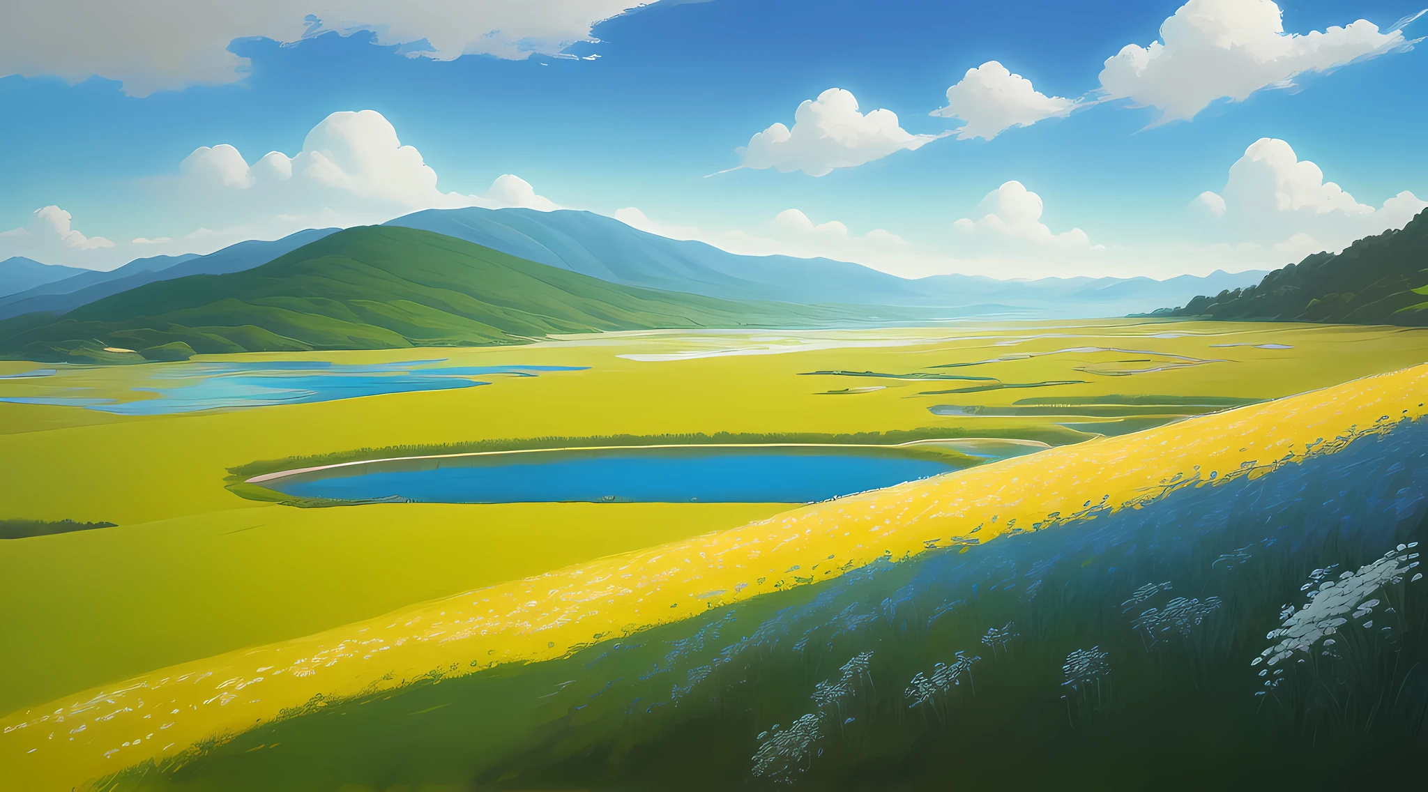 Realistic, authentic, beautiful and amazing landscape oil painting Studio Ghibli Hayao Miyazaki&#39;s petal grassland with blue sky and white clouds --v6