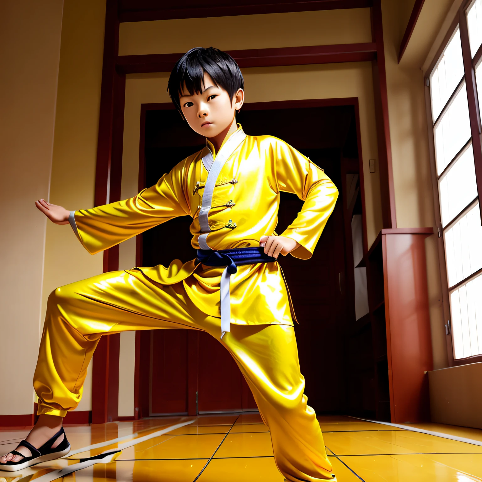 A boy who practices kung fu，Wearing a slippery yellow kung fu suit，short detailed hair，Age is about eight years old --auto