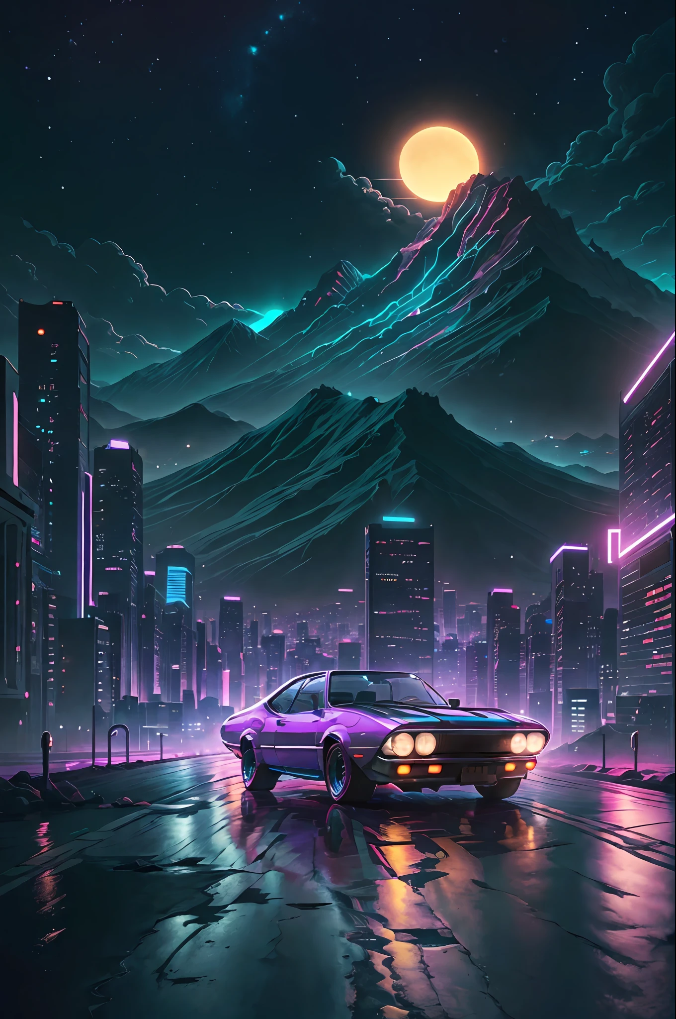 retrowave. city, 1969 Nissan S30, wide body kit, road,  purple neon lights, sun, mountain, 
(masterpiece,detailed,highres),