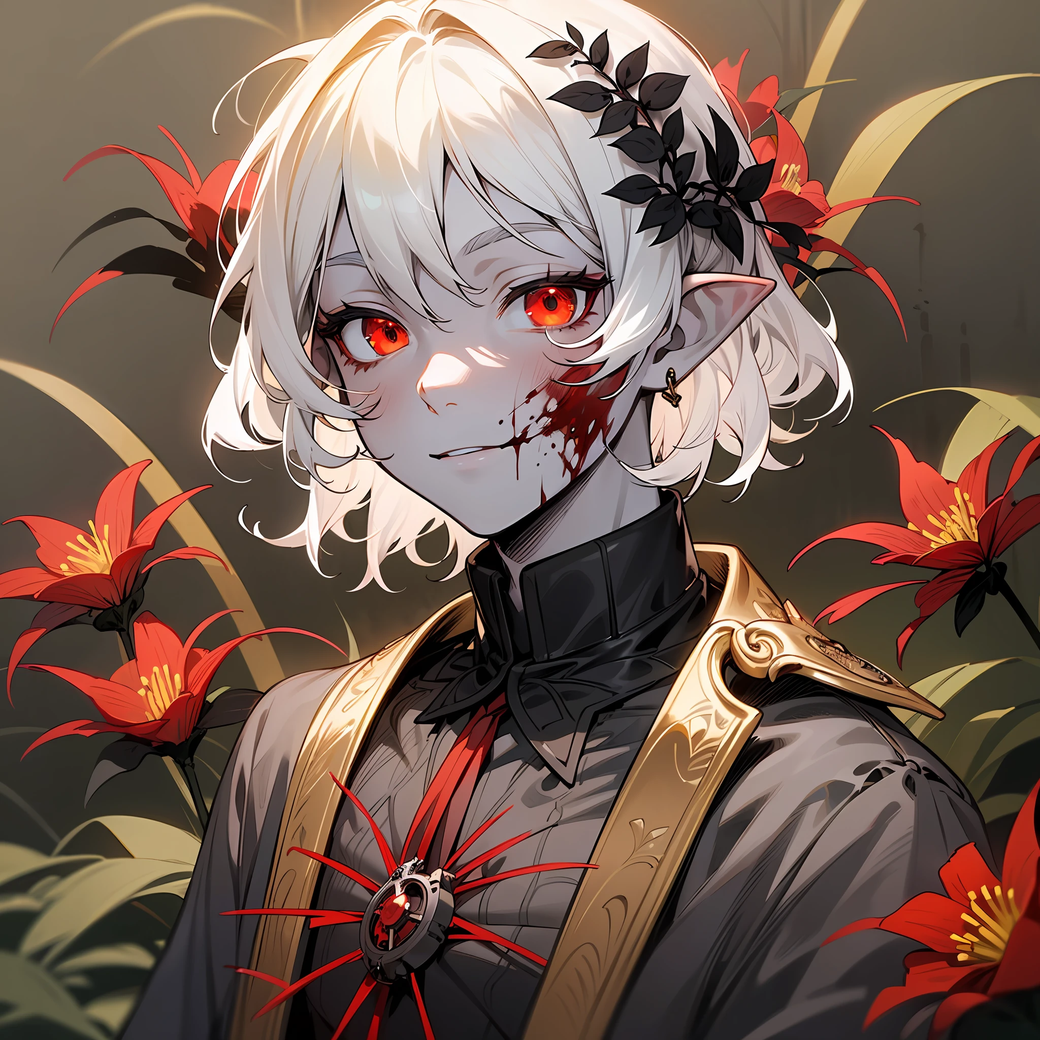 young man, (((male))), (((man))), (((one person))), single, solo, (((white colored hair))), (((red colored eyes))), ((blood red colored eyes)), (medium short hair), (((grey colored skin))), wavy hair, slim figure, ((flat chest)), ((wearing fantasy clothes)), fantasy style, (((wearing flowers in his hair))), ((flowers in hair)), ((pointy ears)), ((spiderlily flowers)), (sunny weather), smiling, black colored flowers, dark red colored flowers, thorns, spikes, warm light, gold colored details, (undead), (happy), (cute face), black colored blood, black blood, black ink, pocketwatch on a chain