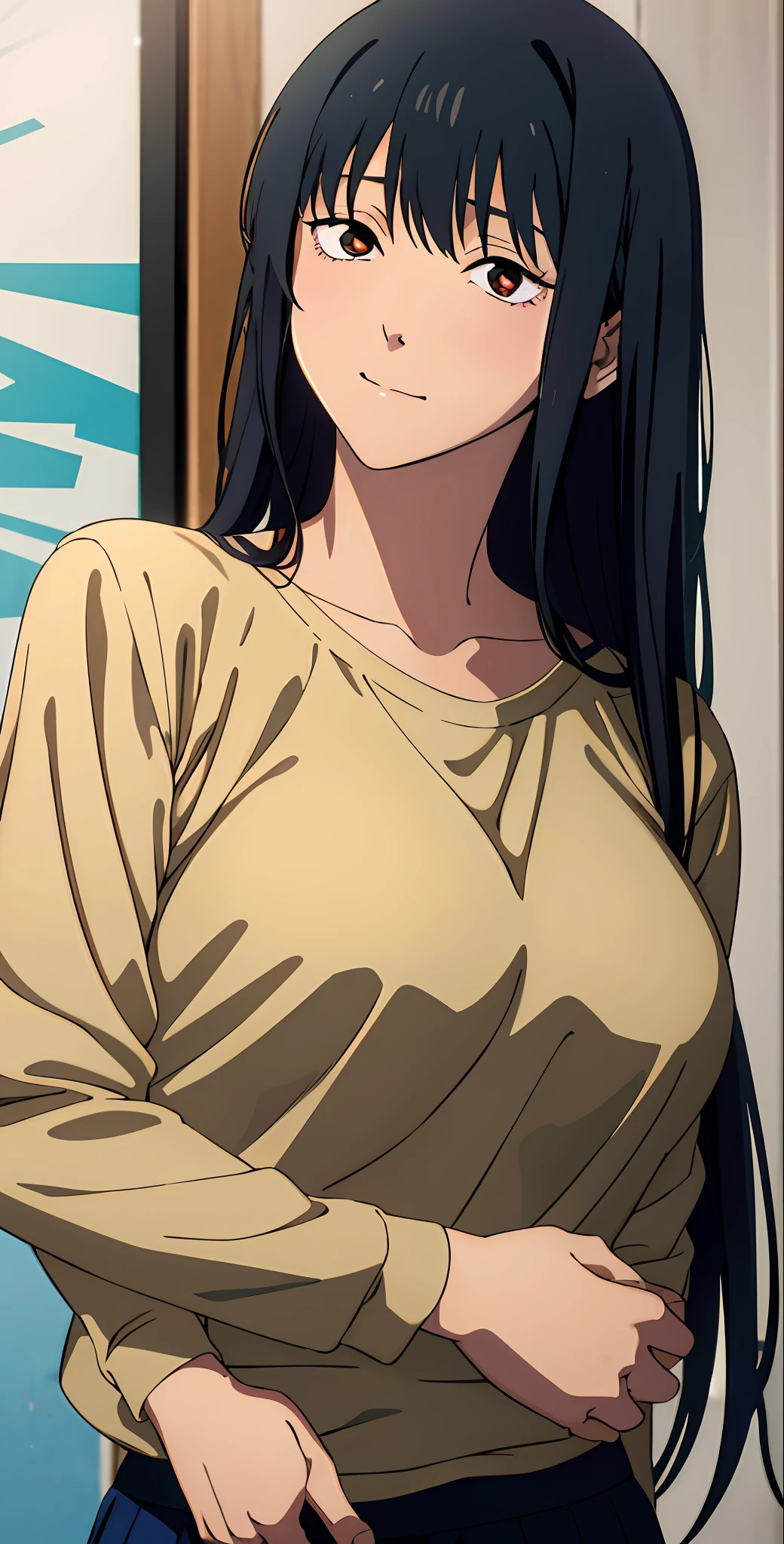 anime girl with long black hair and a tan shirt is holding a book, realistic schoolgirl, anime moe artstyle, hinata hyuga, seductive anime girl, ecchi anime style, touching her oppai, oppai, ecchi, hyperrealistic schoolgirl, a hyperrealistic schoolgirl, ecchi style, breasts covered and sfw