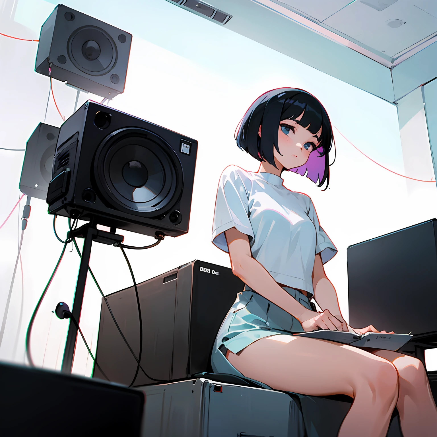 a girl drawn in the style of an old anime sits in a white room.
The girl has black hair, bob haircut.
The girl is wearing a white top.
there is a fan and large music speakers nearby --auto