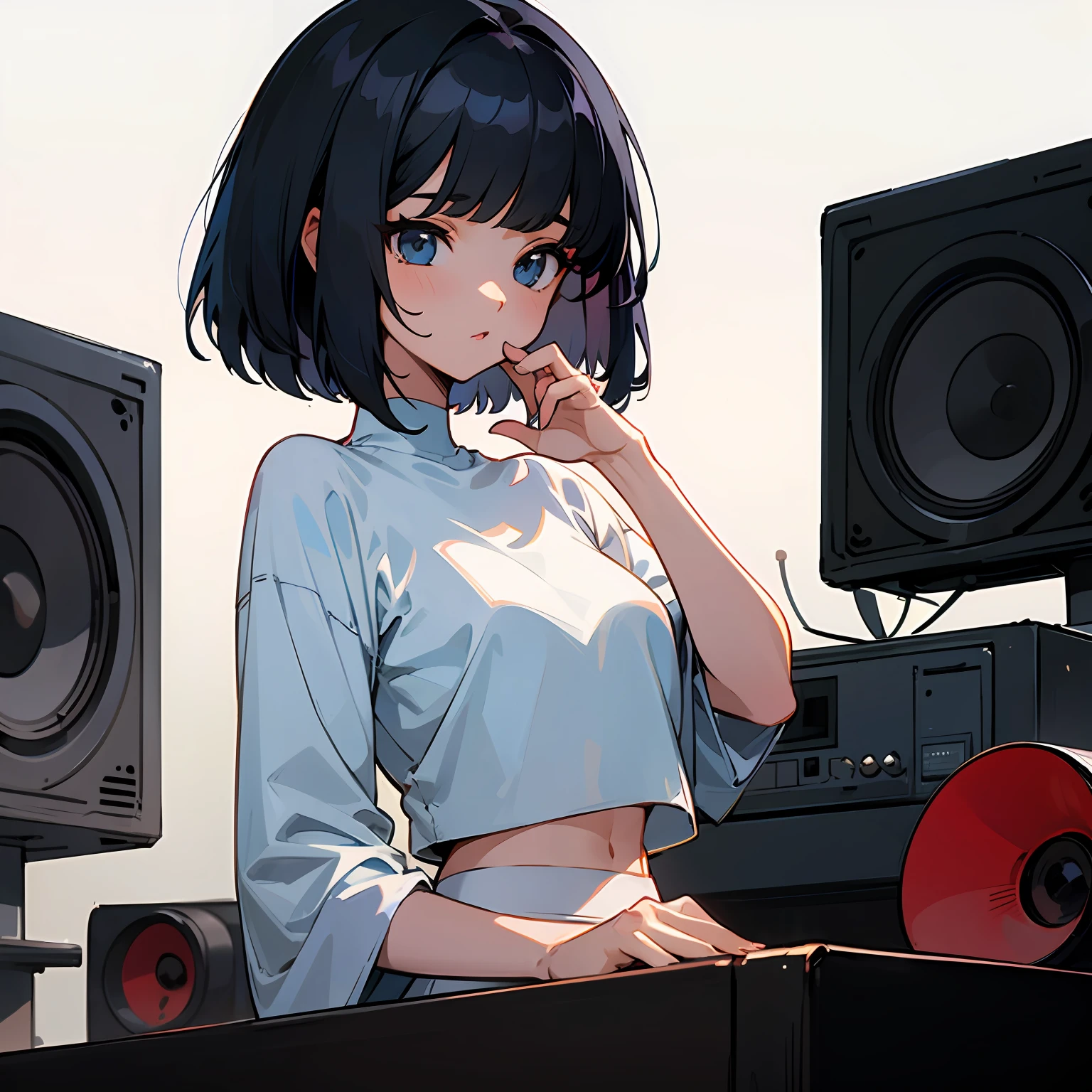 a girl drawn in the style of an old anime sits in a white room.
The girl has black hair, bob haircut.
The girl is wearing a white top.
there is a fan and large music speakers nearby --auto