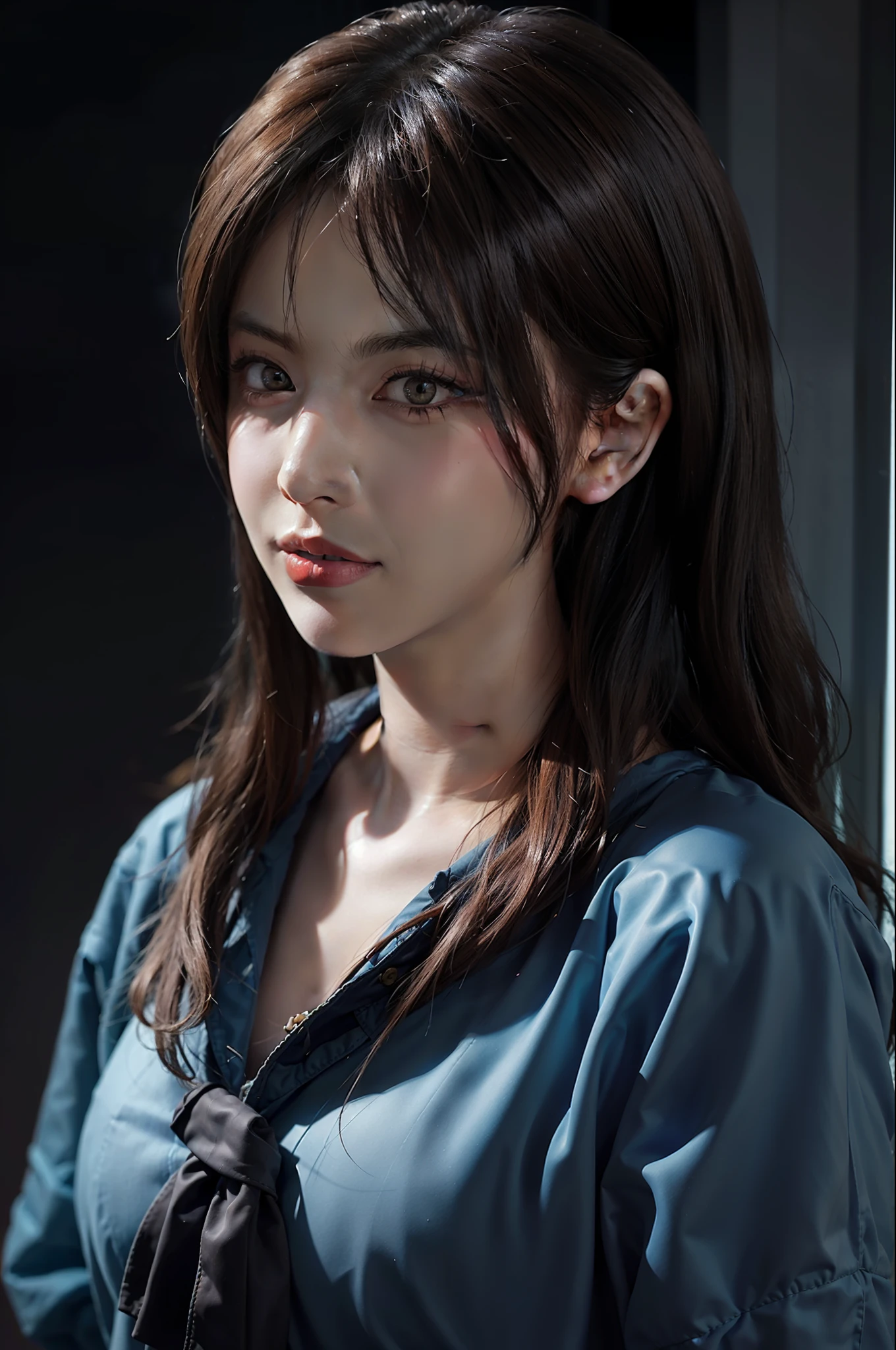 Hyperrealist portrait of female by david hockney and alphonse mucha,fantasy art, photo realistic, dynamic lighting, artstation, poster, volumetric lighting, very detailed faces, 4 k, award winning,, 1girl, in the dark, deep shadow, low key,cowboy shot,(official clothing:1.4) ,long hair,white hair,