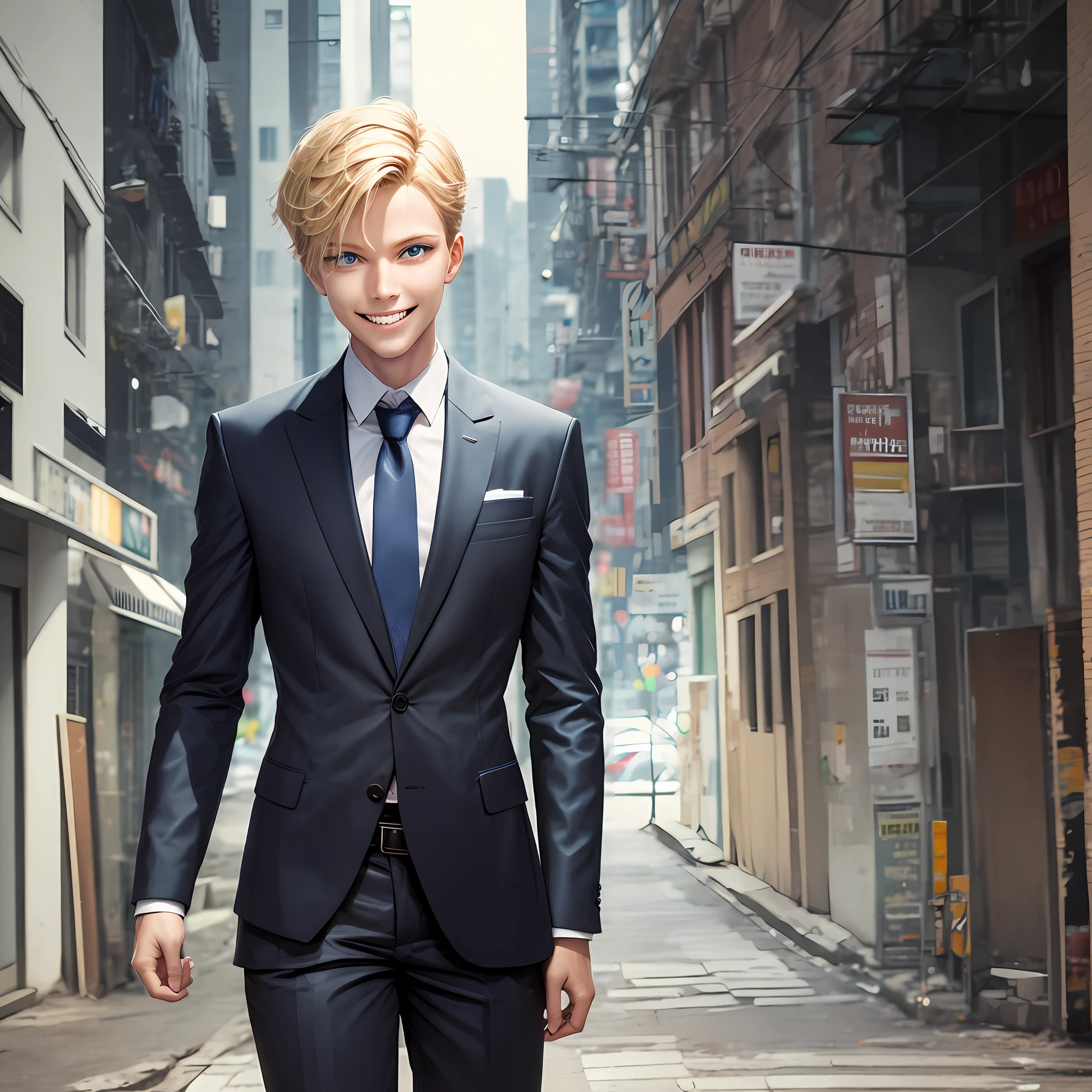 [Image of a human-looking humanoid robot standing in an urban environment. The robot is wearing a black suit and tie. The robot has blue eyes and blonde hair. The robot is smiling and looking at the camera.] --auto