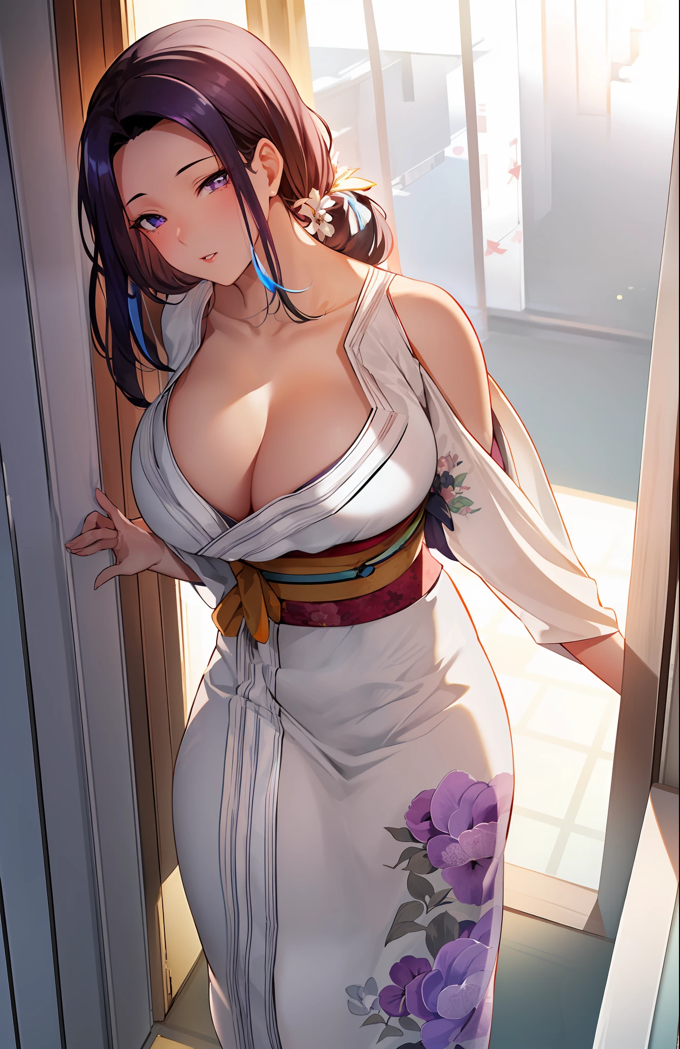 (Night:1.7), Japan, Tokyo, CityView, Before Window,
Standing at attention,
(White_kimono:1.3),cleavage,
black_hair, long_hair, hair_pulled_back,parted_lips,purple_eyes, braid,
1 girl, 24yo,mature female,Beautiful Finger,Beautiful long legs,Beautiful body,Beautiful Nose,Beautiful character design, perfect eyes, perfect face,
looking at viewer, in the center of the image,
NSFW,official art,extremely detailed CG unity 8k wallpaper, perfect lighting,Colorful, Bright_Front_face_Lighting,
(masterpiece:1.0),(best_quality:1.0), ultra high res,4K,ultra-detailed,
photography, 8K, HDR, highres, absurdres:1.2, Kodak portra 400, film grain, blurry background, bokeh:1.2, lens flare, (vibrant_color:1.2)
(Beautiful,large_Breasts:1.4), (beautiful_face:1.5),(narrow_waist),