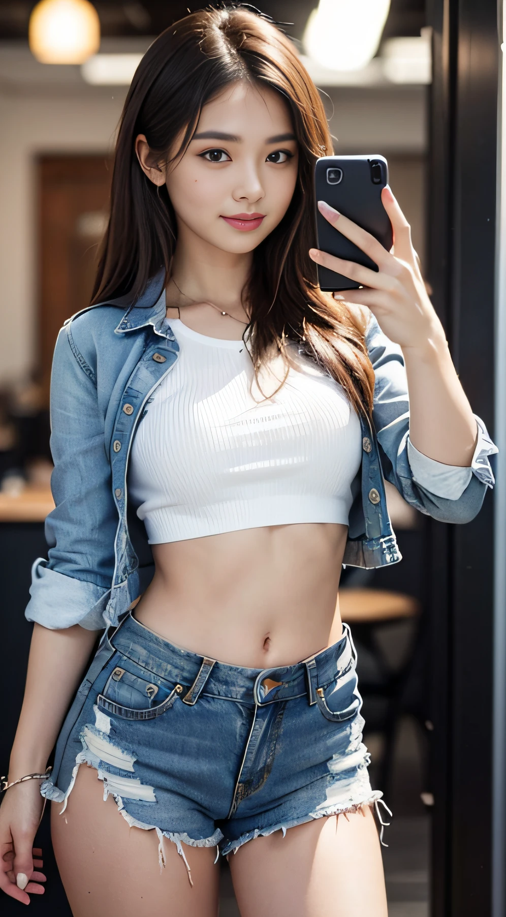 1 girl, solo, phone, shorts, cell phone, long hair, denim, brunet, iphone, midriff, navel, selfie, denim shorts, shorts, holding the phone, torn clothes, truncated, reality, holding, brown eyes, white shirt, crop top shirt, looking at the audience, shallow smile, real photo, HD texture,